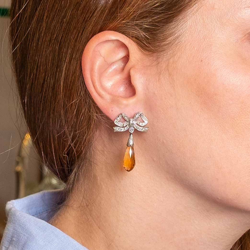 Diamond bow earrings with citrine quartz