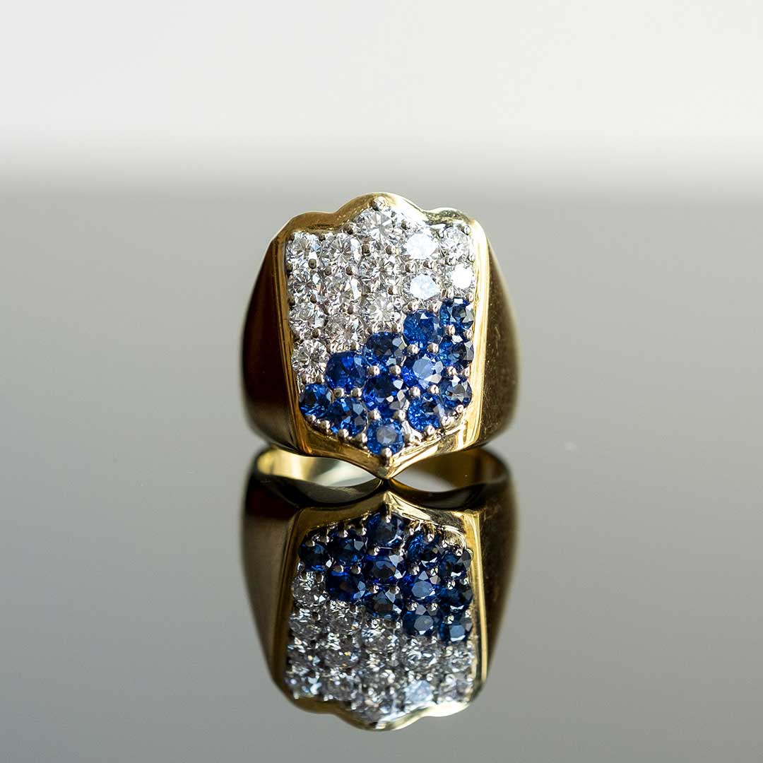 Shield Ring in Gold Sapphires & Diamonds