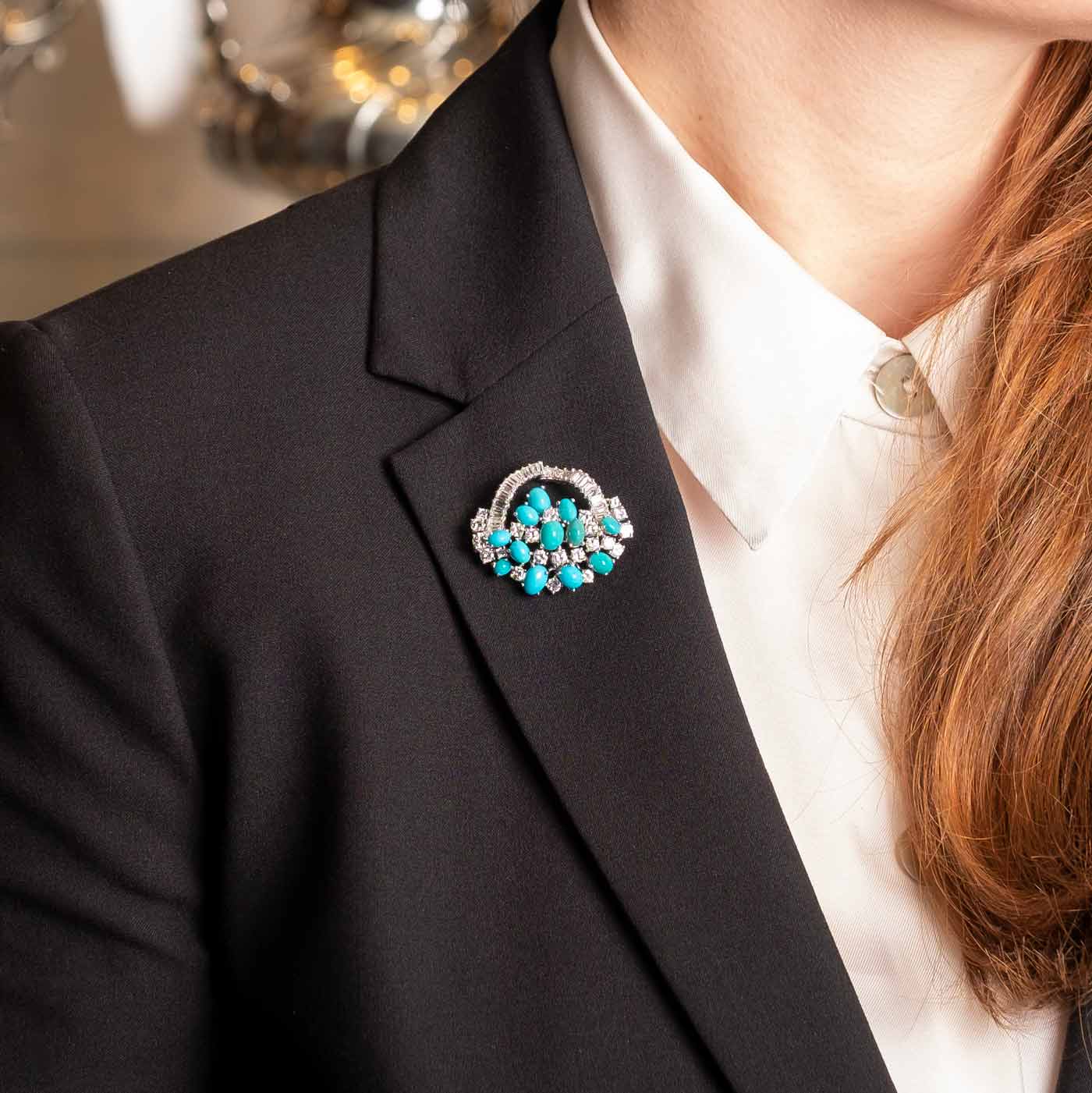 Diamonds and turquoise brooch