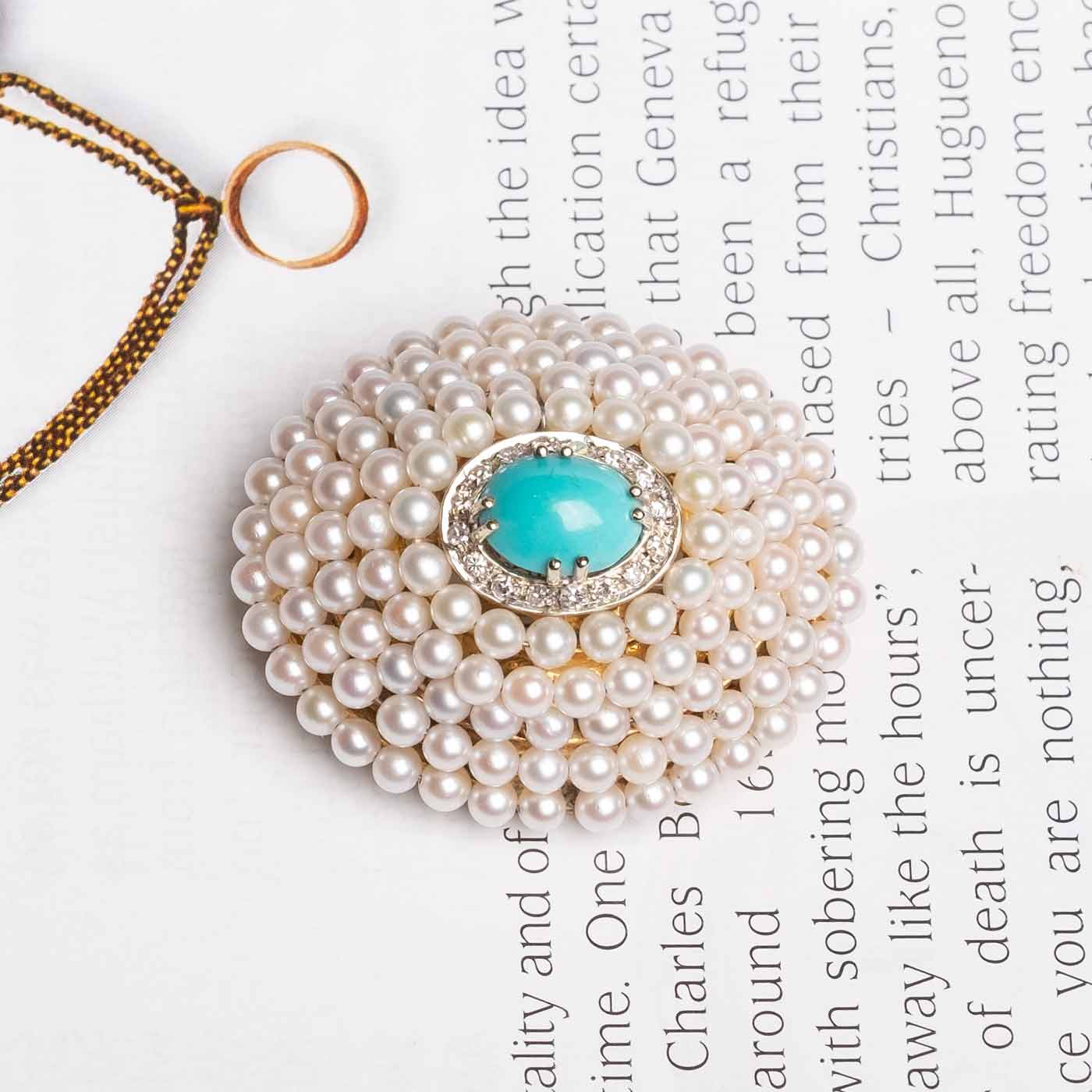 Pearls diamonds and turquoise vintage brooch