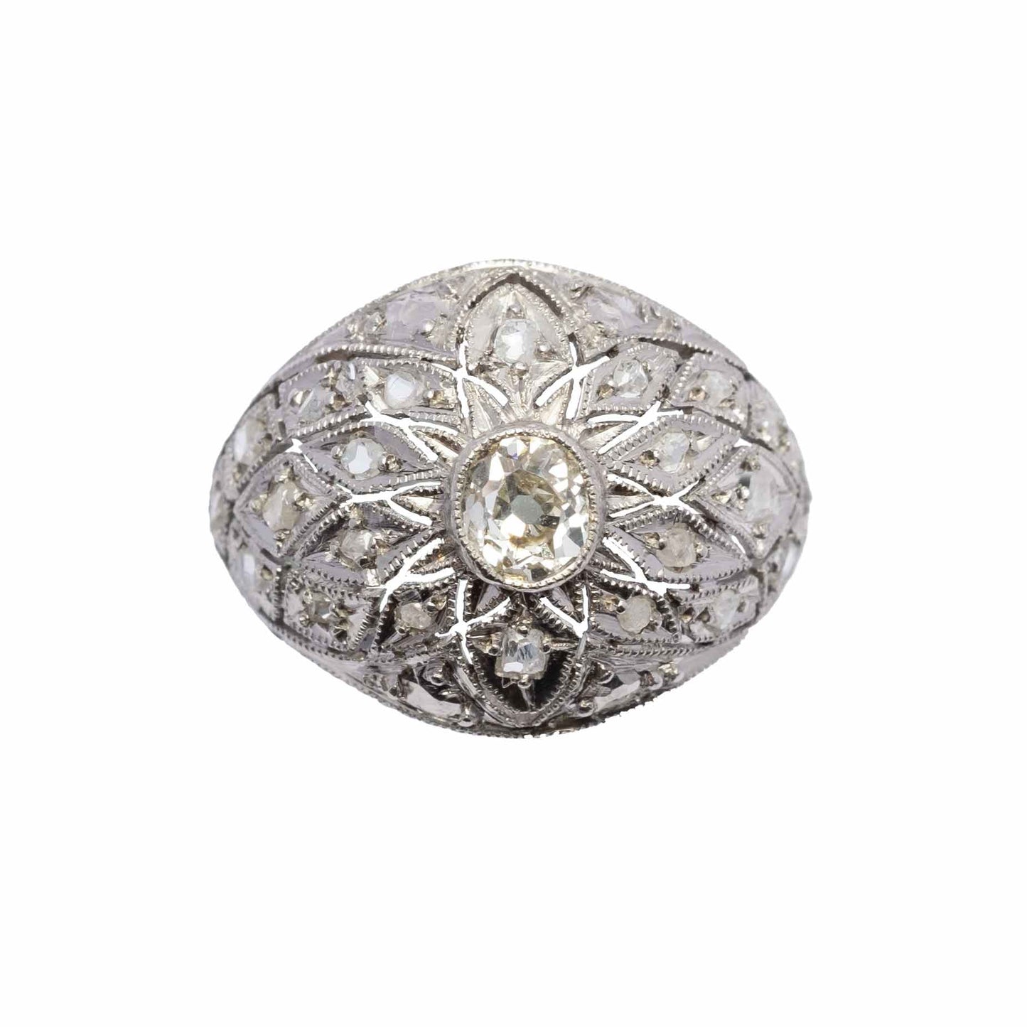 Deco period dome ring in platinum with diamonds