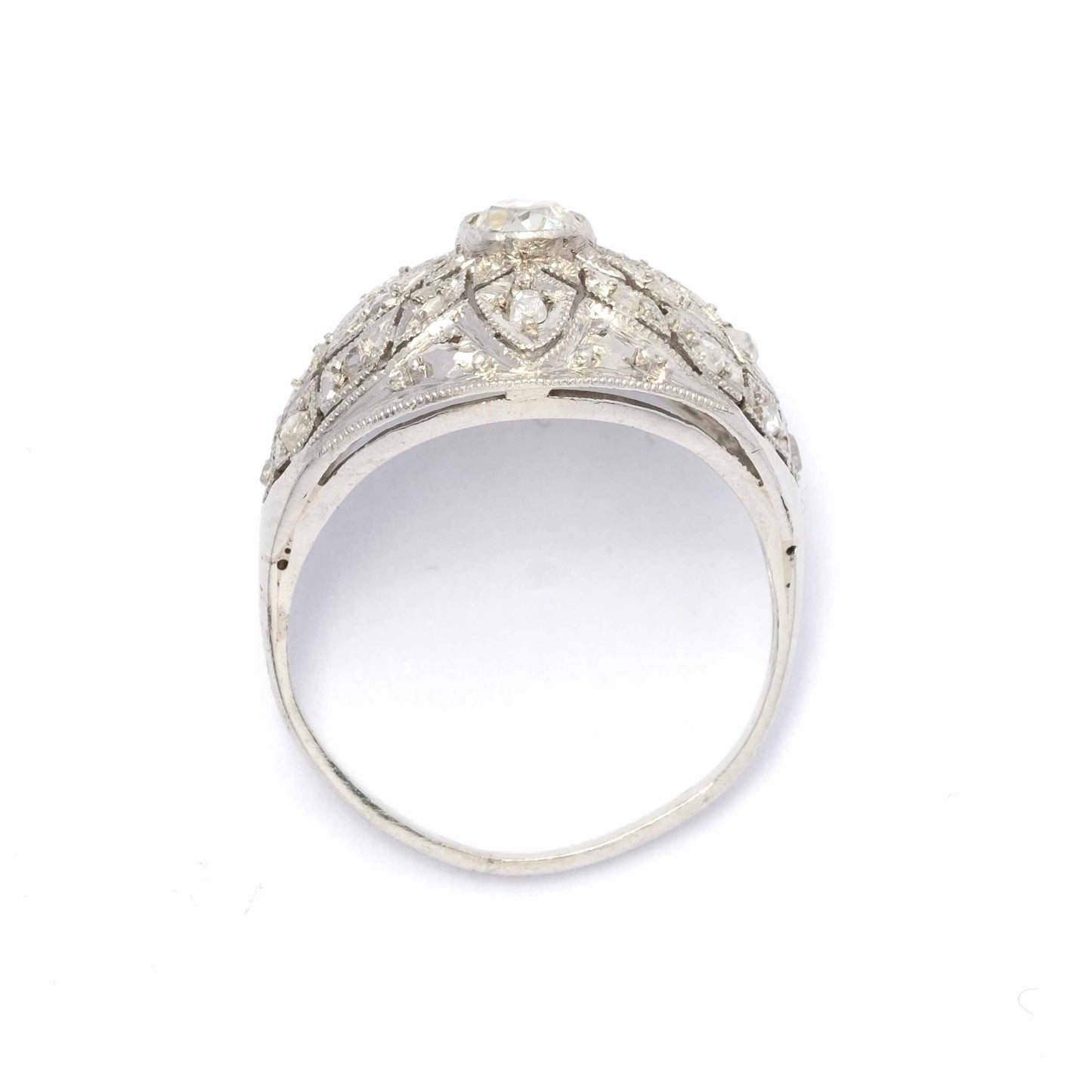 Deco period dome ring in platinum with diamonds