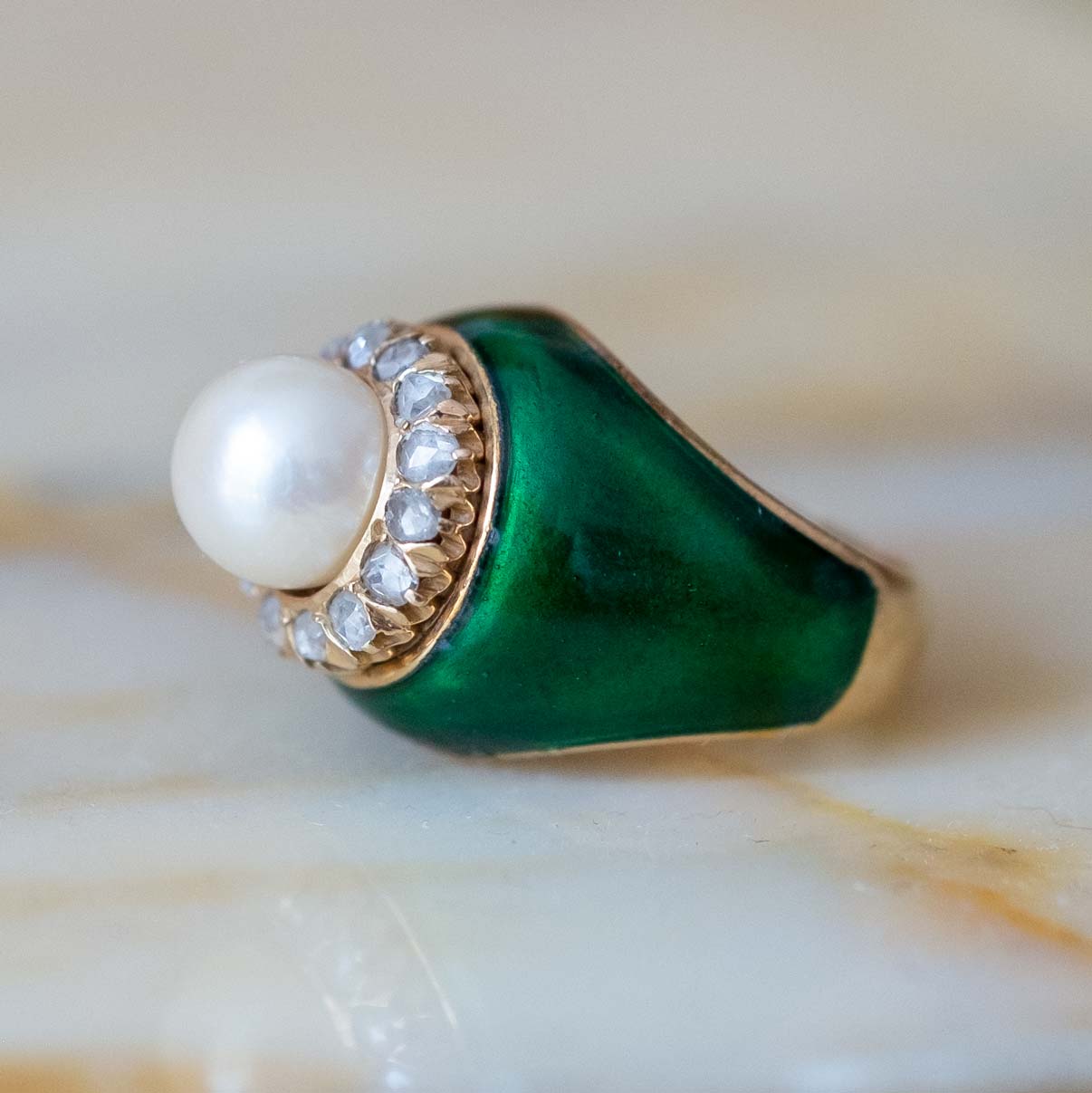 Pearl & Rose cut Diamonds Green Enamel Ring