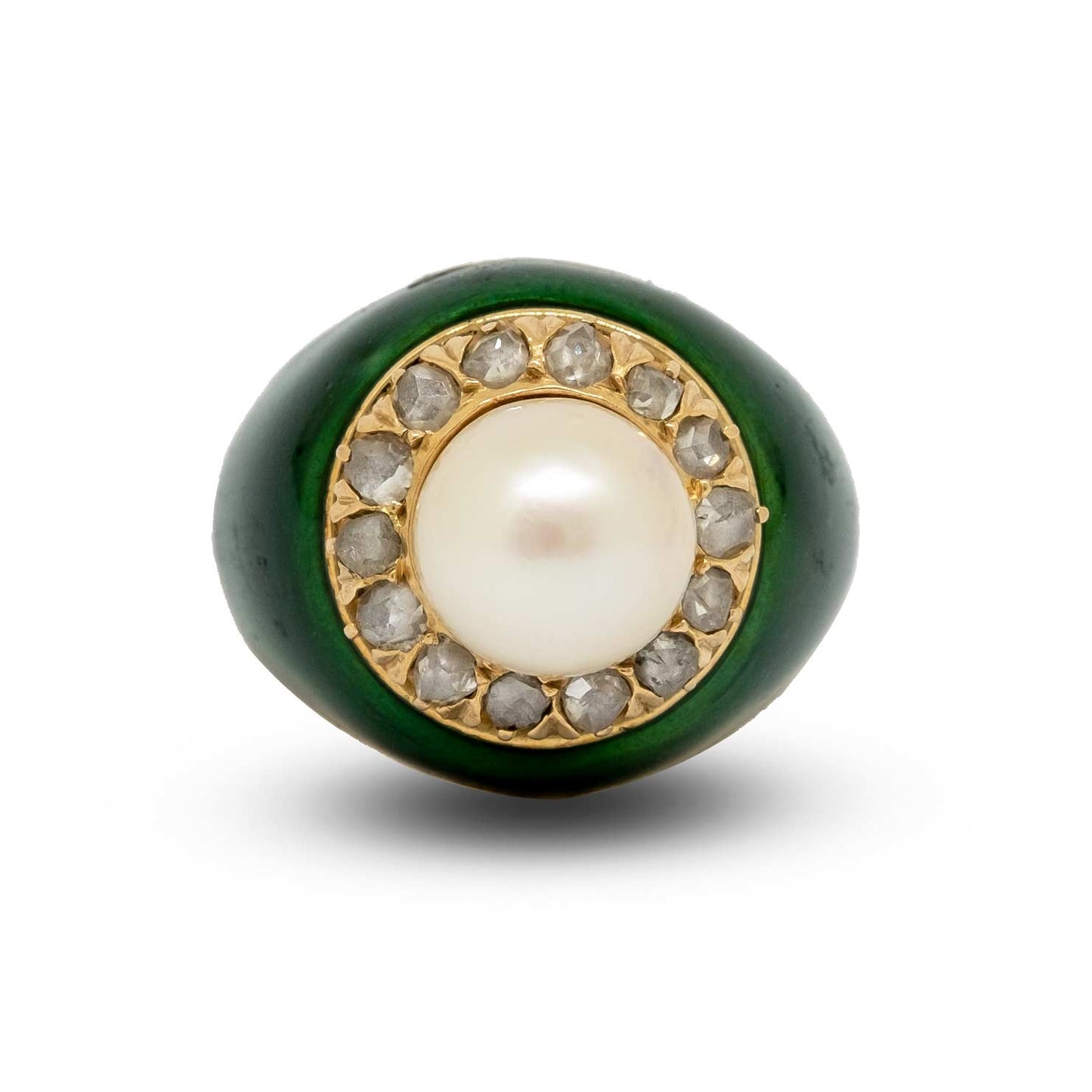 Pearl & Rose cut Diamonds Green Enamel Ring