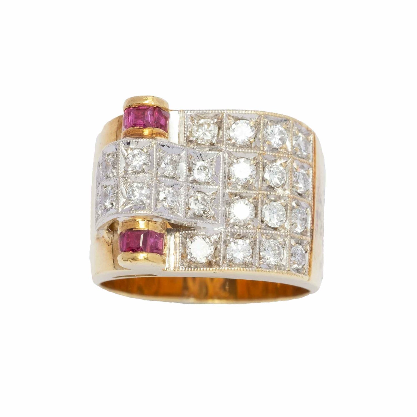 1940s cocktail ring with diamonds and rubies