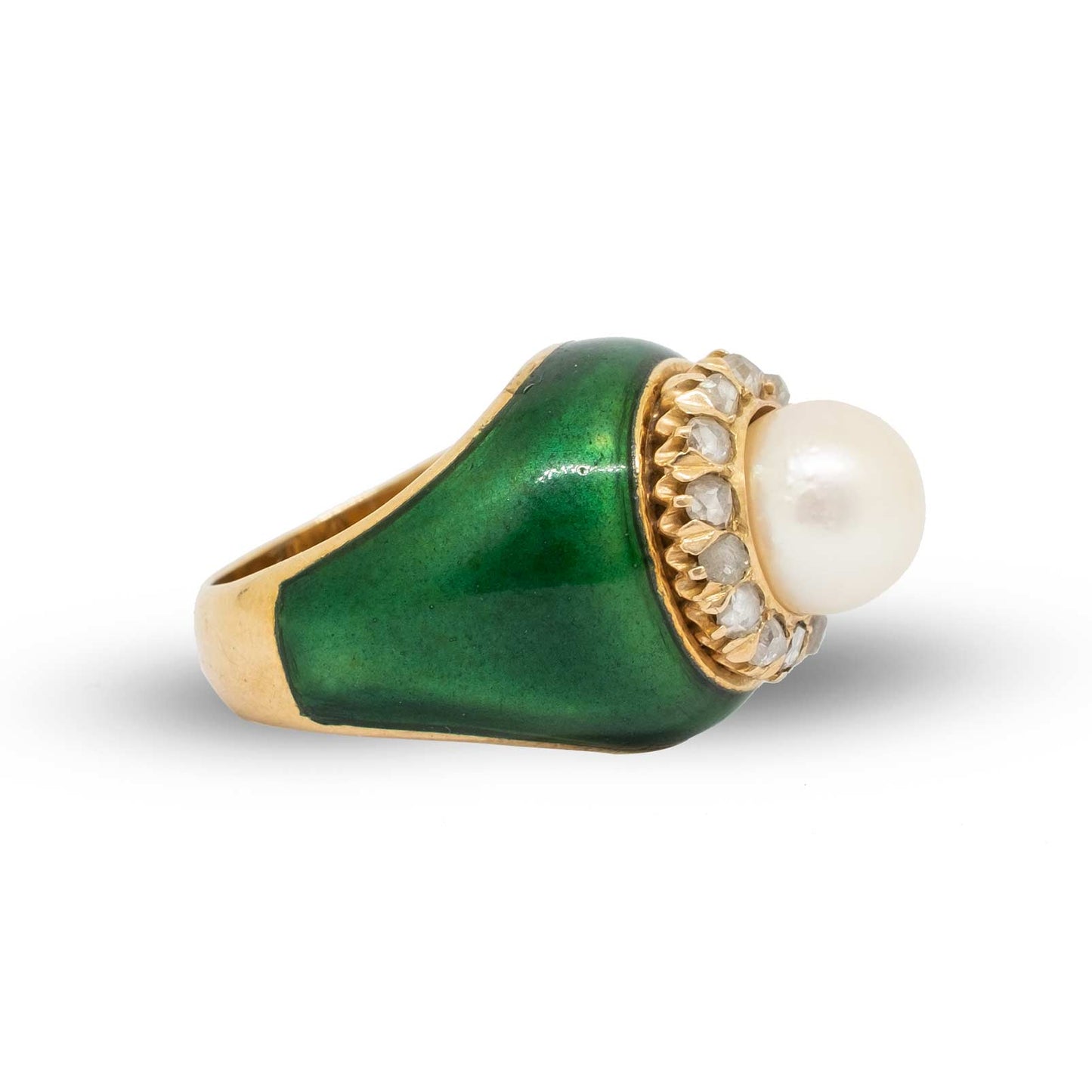 Pearl & Rose cut Diamonds Green Enamel Ring
