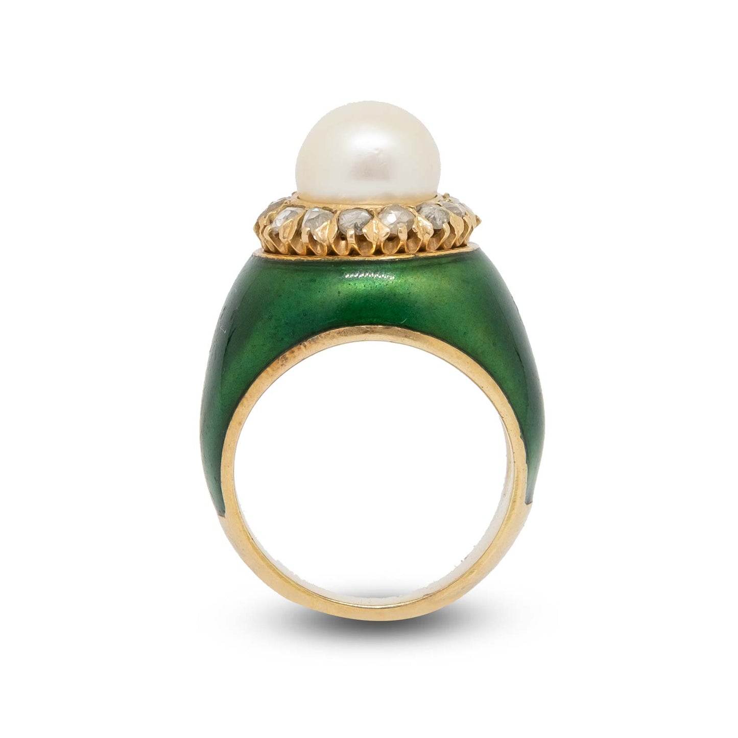 Pearl & Rose cut Diamonds Green Enamel Ring