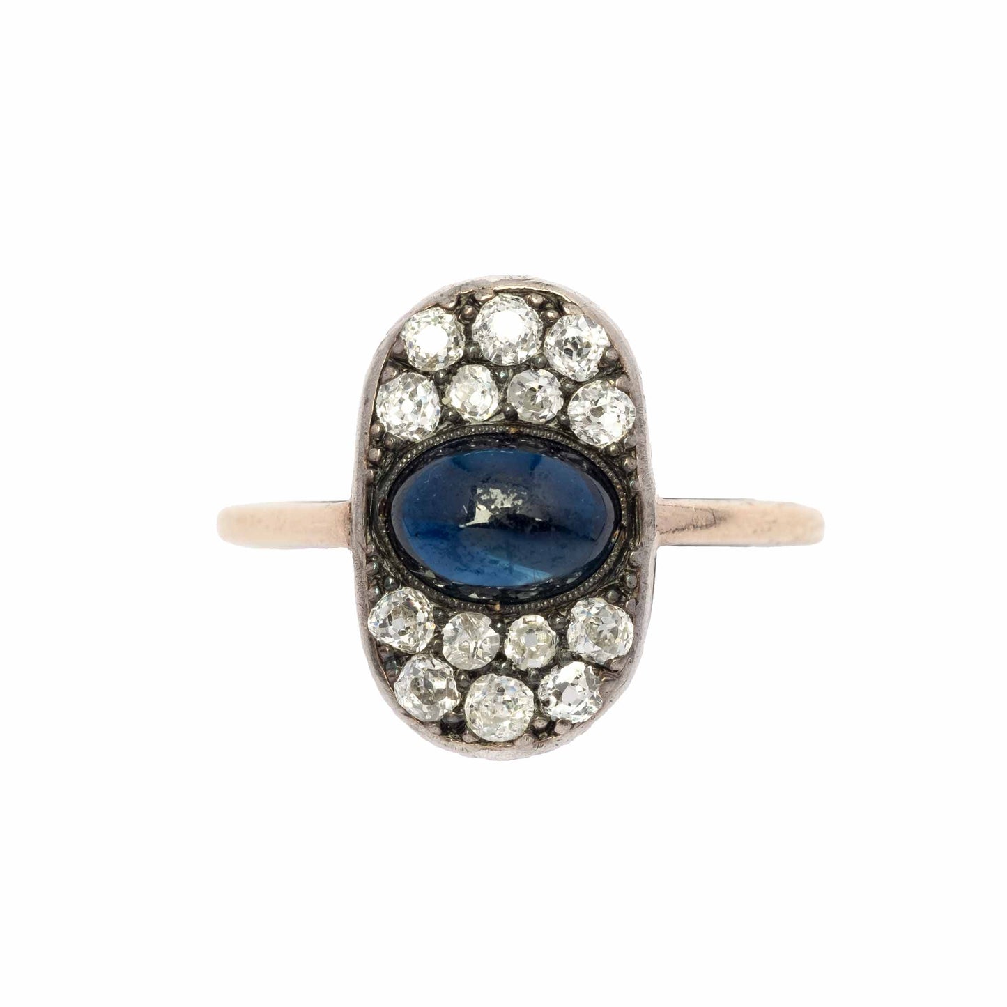 Deco ring with cabochon sapphire and diamonds