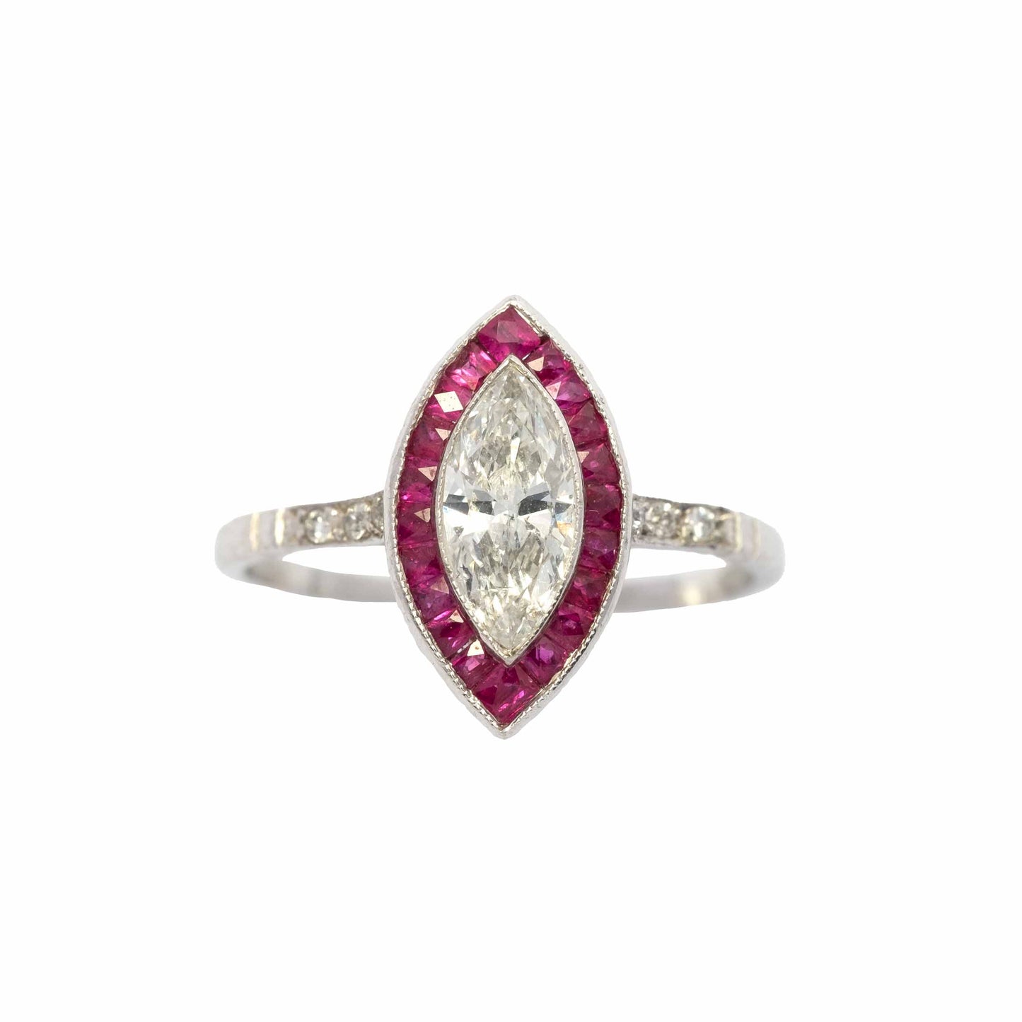Marquise diamond and ruby platinum ring