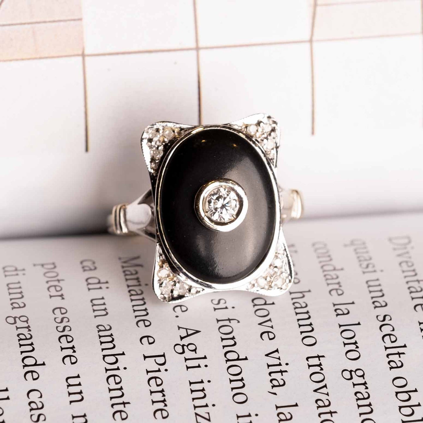 Deco inspired onyx and diamond cocktail ring