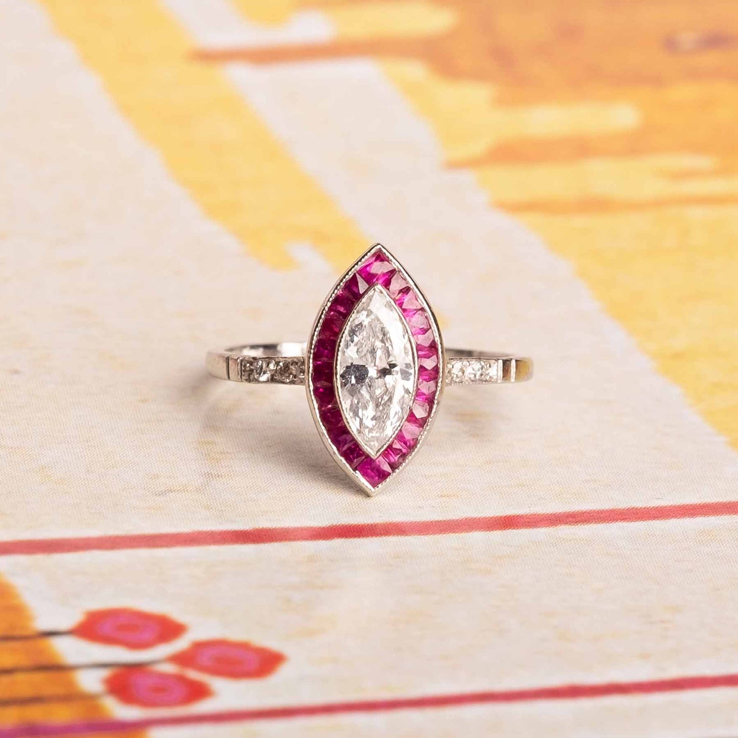 Marquise diamond and ruby platinum ring