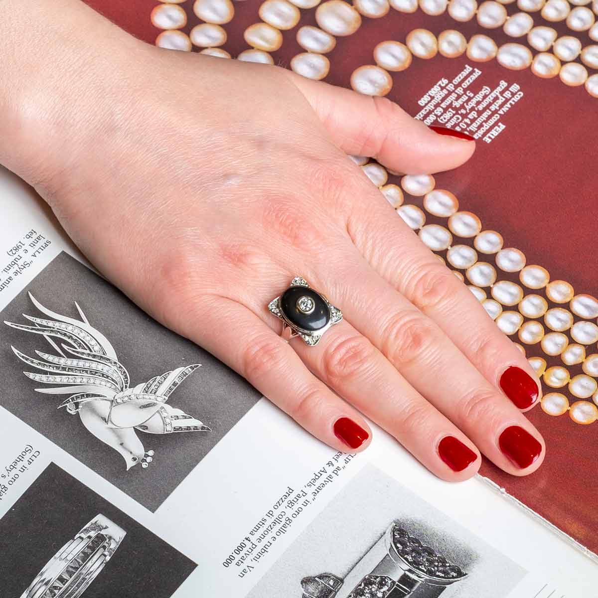 Deco inspired onyx and diamond cocktail ring