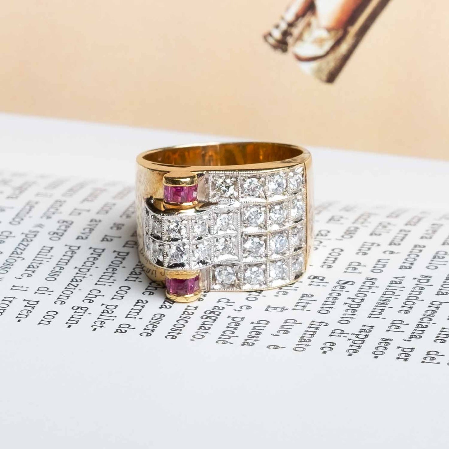 1940s cocktail ring with diamonds and rubies