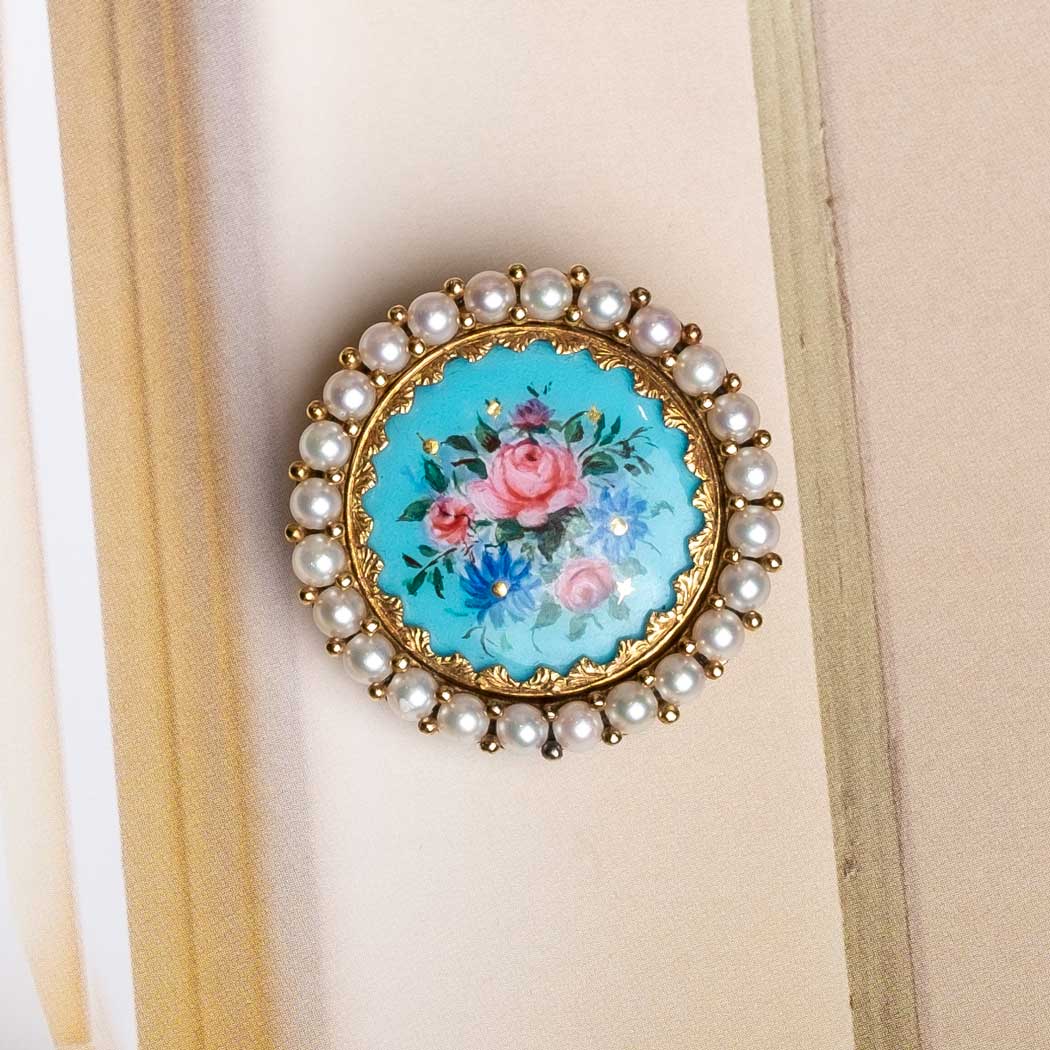 Floral brooch and pendant with polychrome enamels and pearls