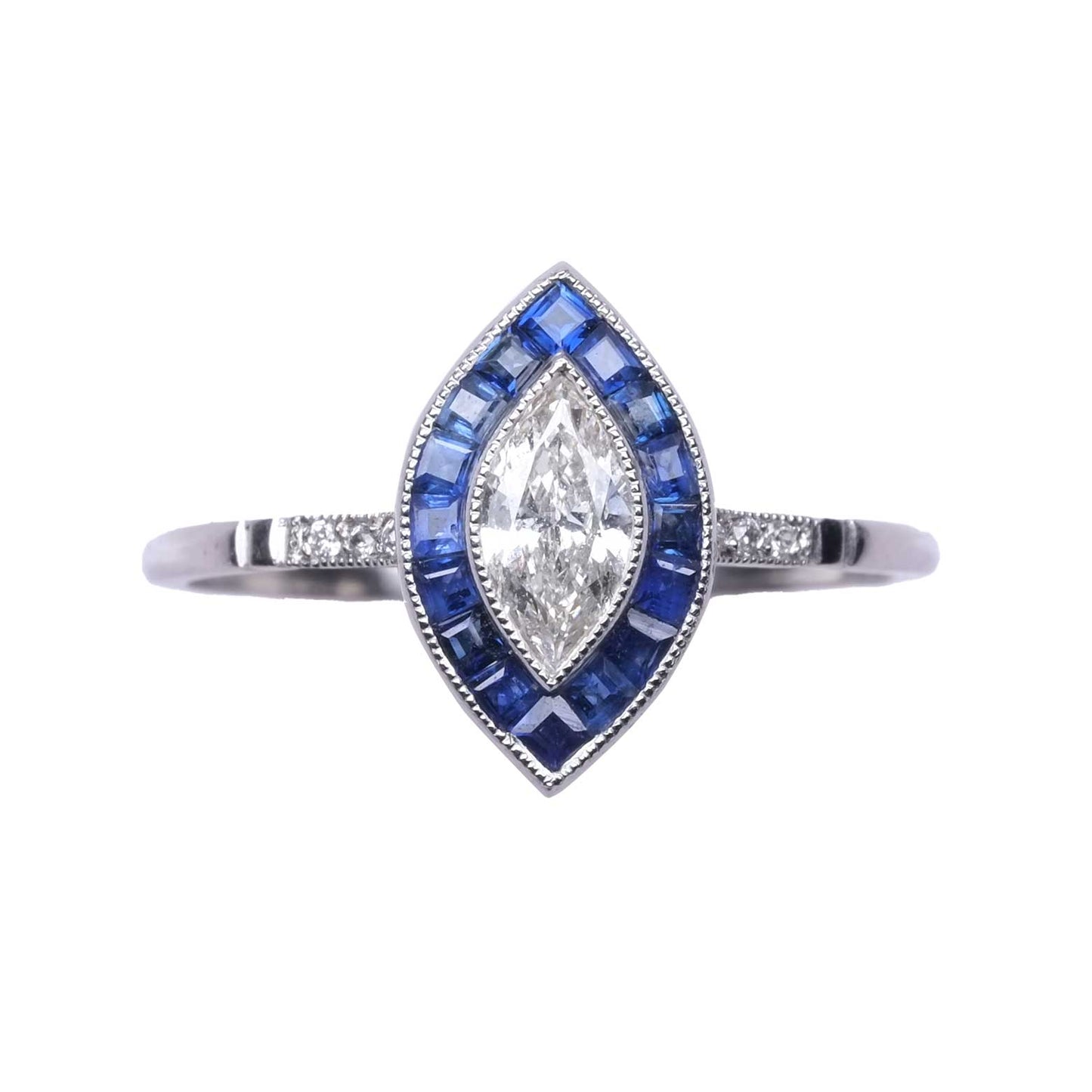 Marquise Cut Diamond Ring with Calibrated Sapphires