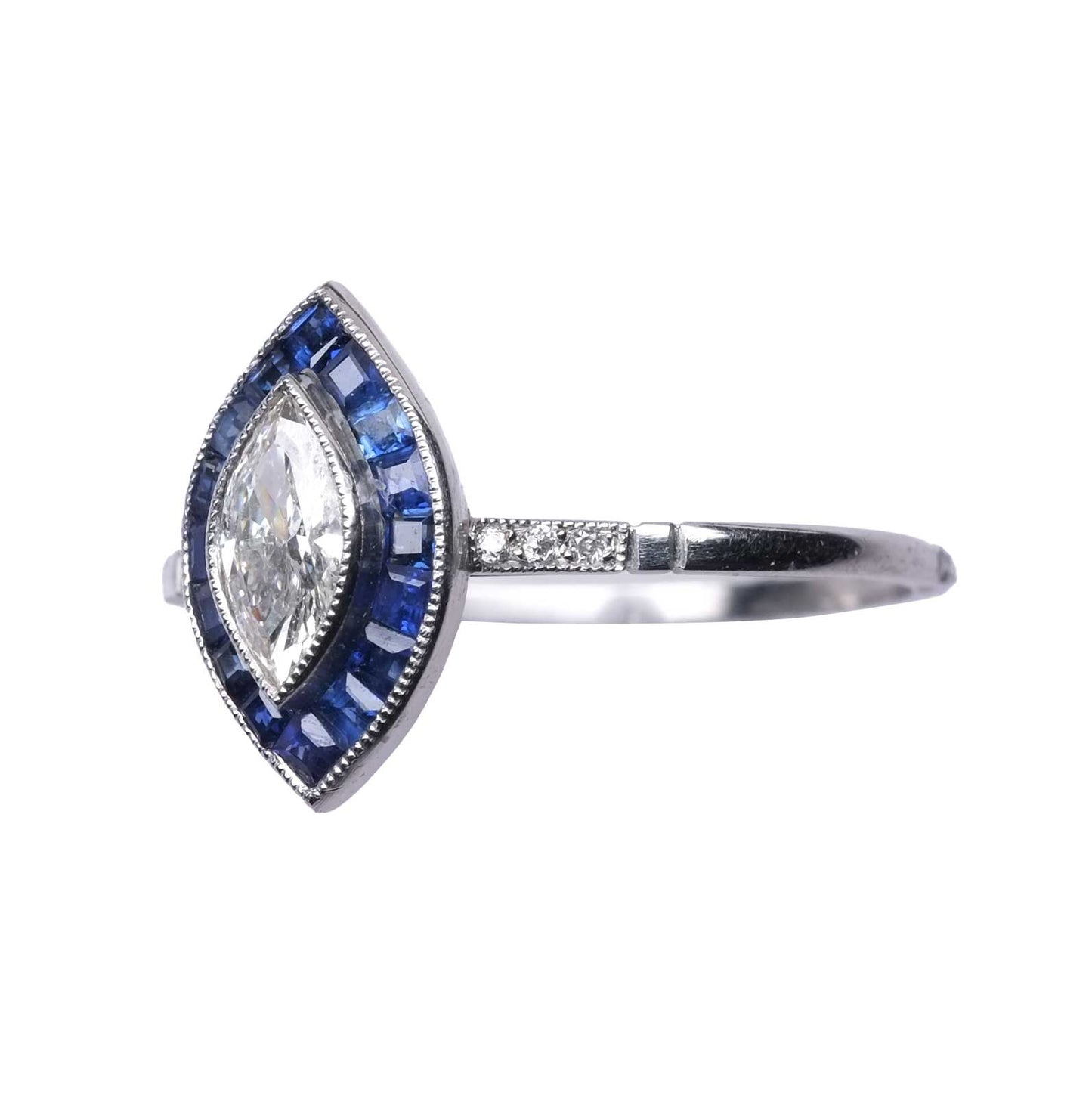 Marquise Cut Diamond Ring with Calibrated Sapphires