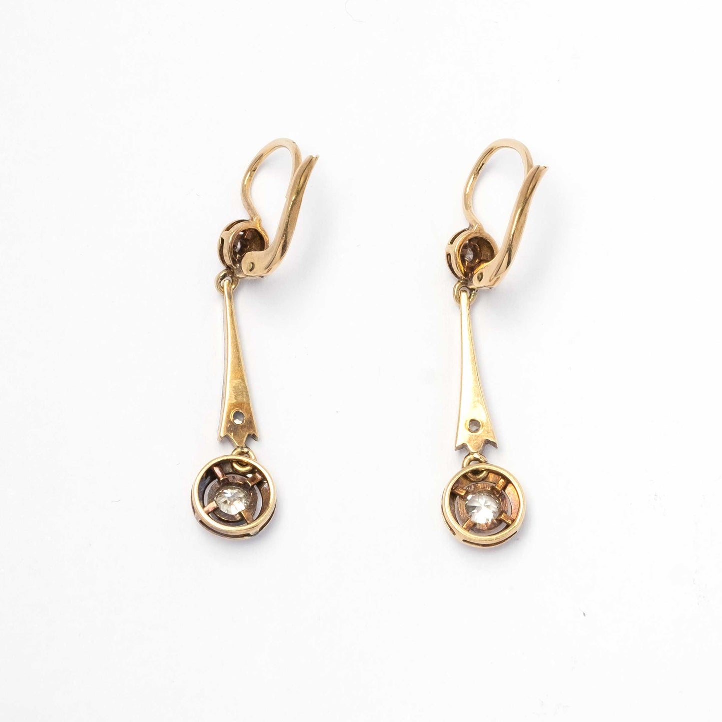 Deco old mine cut diamond dangle earrings in gold and platinum