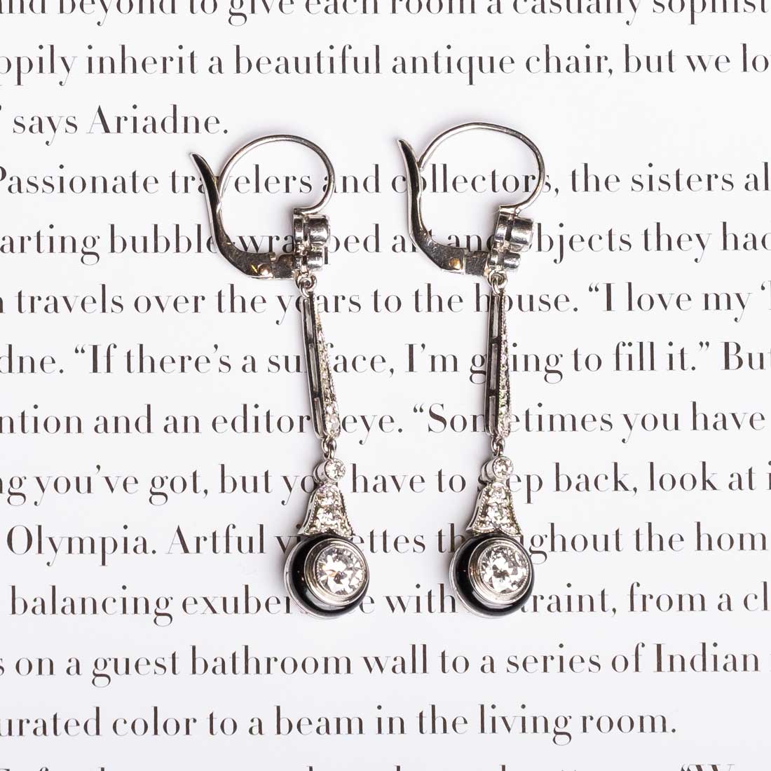 Diamond and Onyx Deco diamond pendant earrings