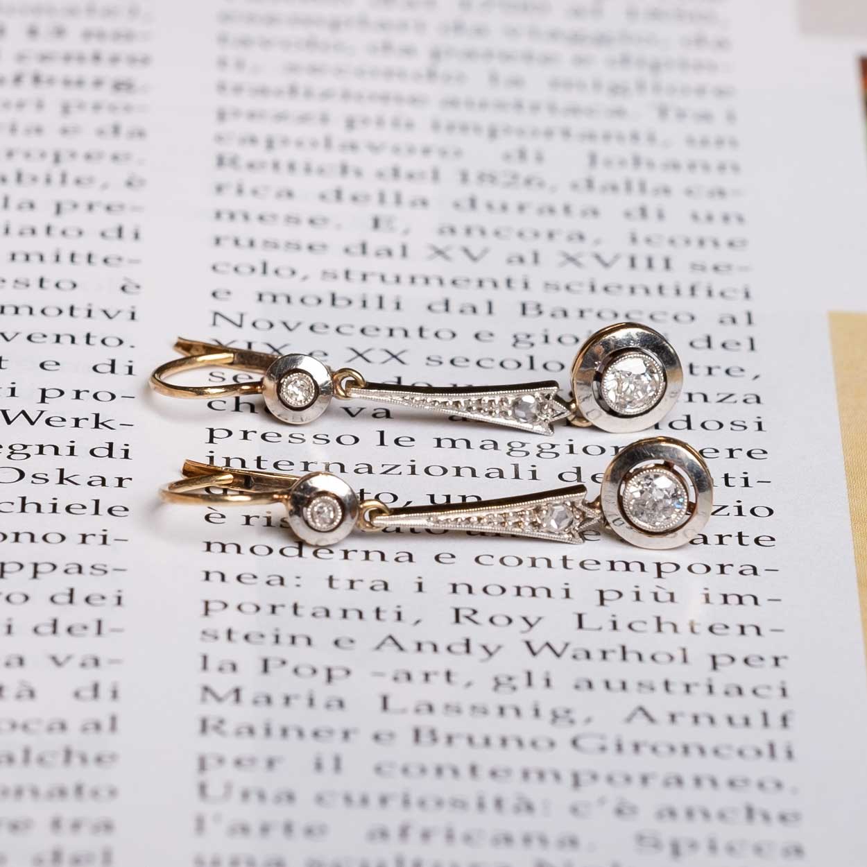 Deco old mine cut diamond dangle earrings in gold and platinum