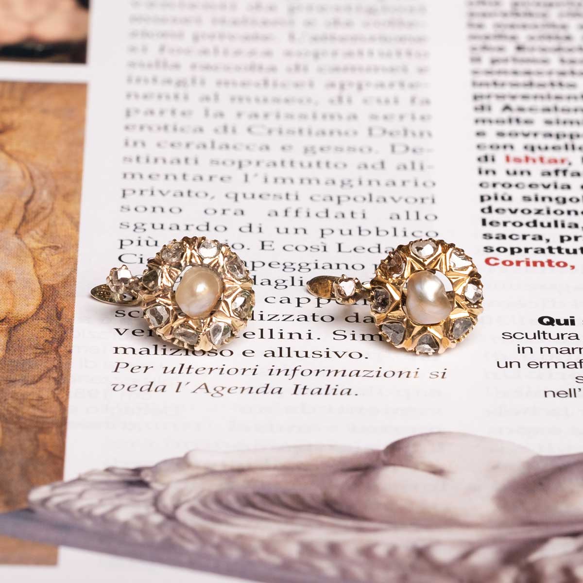 Rose cut diamonds and baroque pearl antique earrings