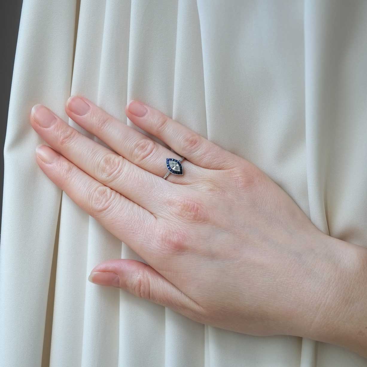 Marquise Cut Diamond Ring with Calibrated Sapphires
