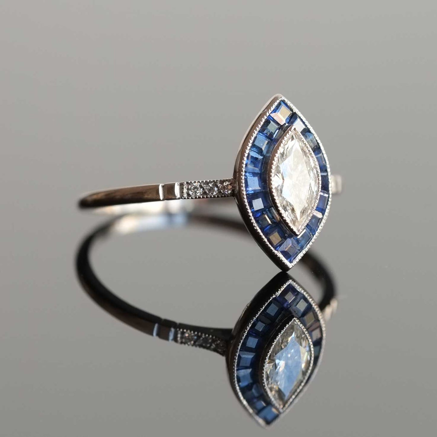 Marquise Cut Diamond Ring with Calibrated Sapphires