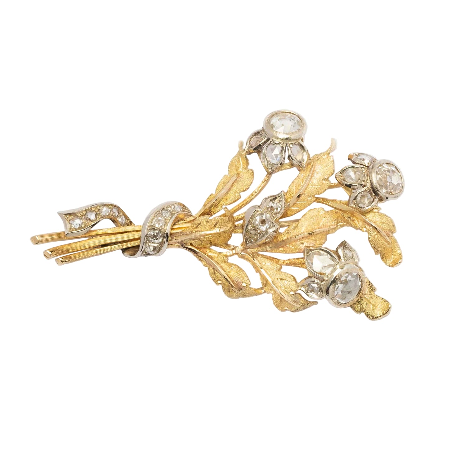 1960s Floral Bouquet Brooch in 18ct Gold with Rose-Cut and Old-Cut Diamonds