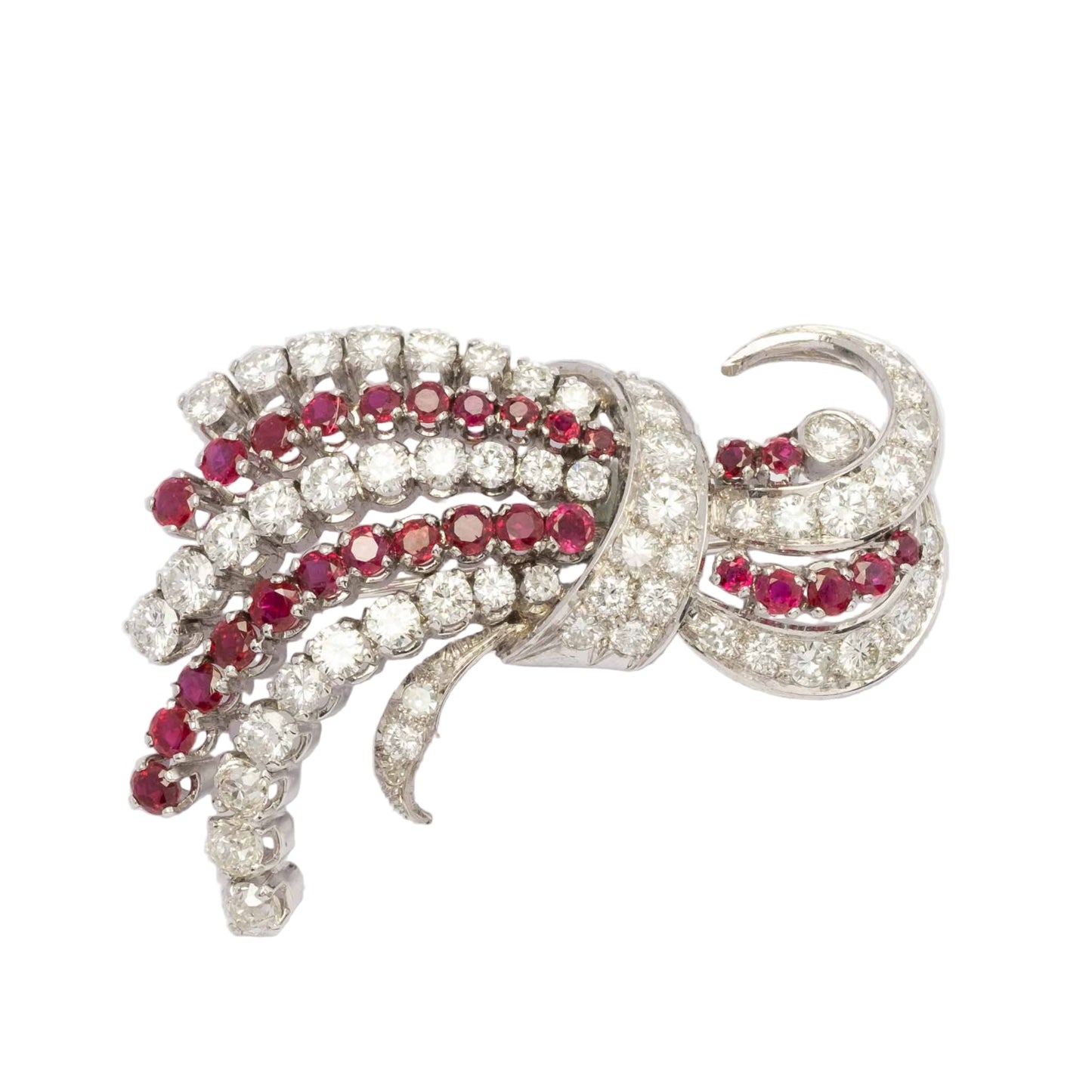 Important 1960s White Gold Brooch with High-Quality Diamonds & Intense Red Rubies