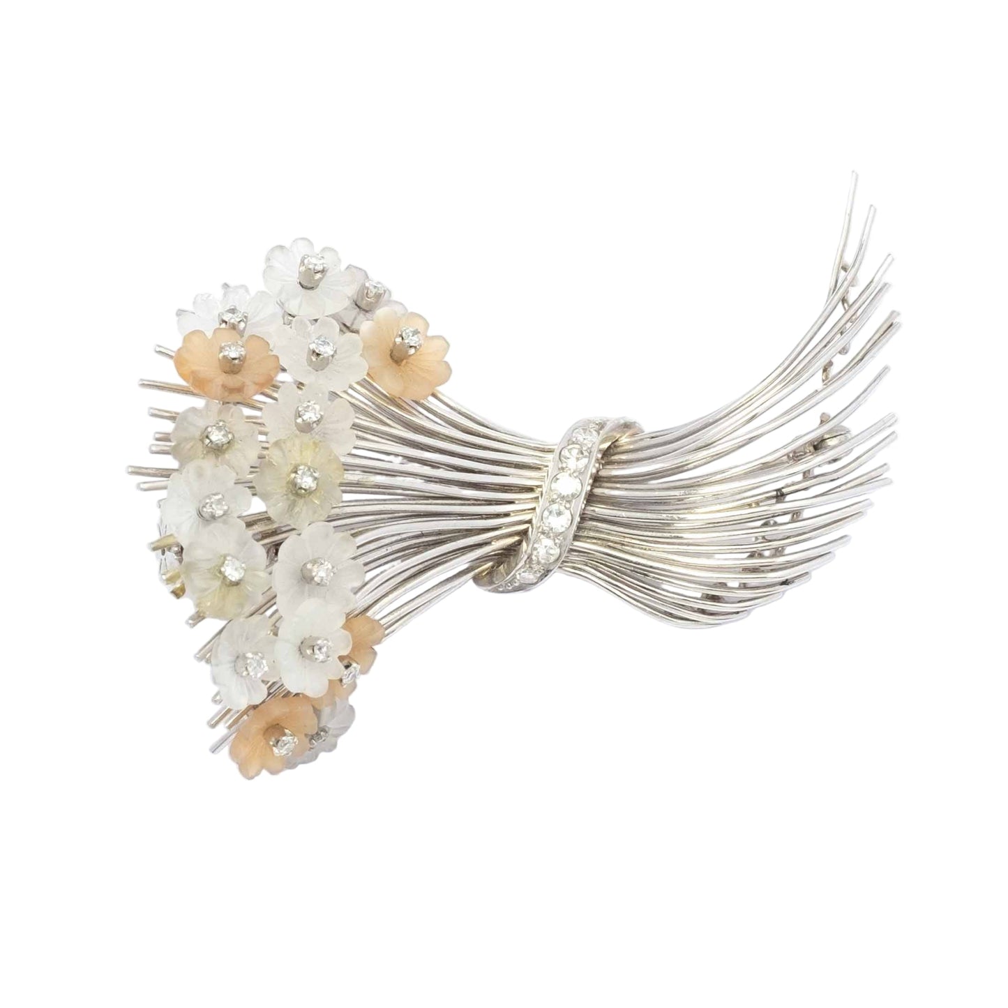 1960s White Gold Brooch with Hand-Carved Chalcedony & Diamonds