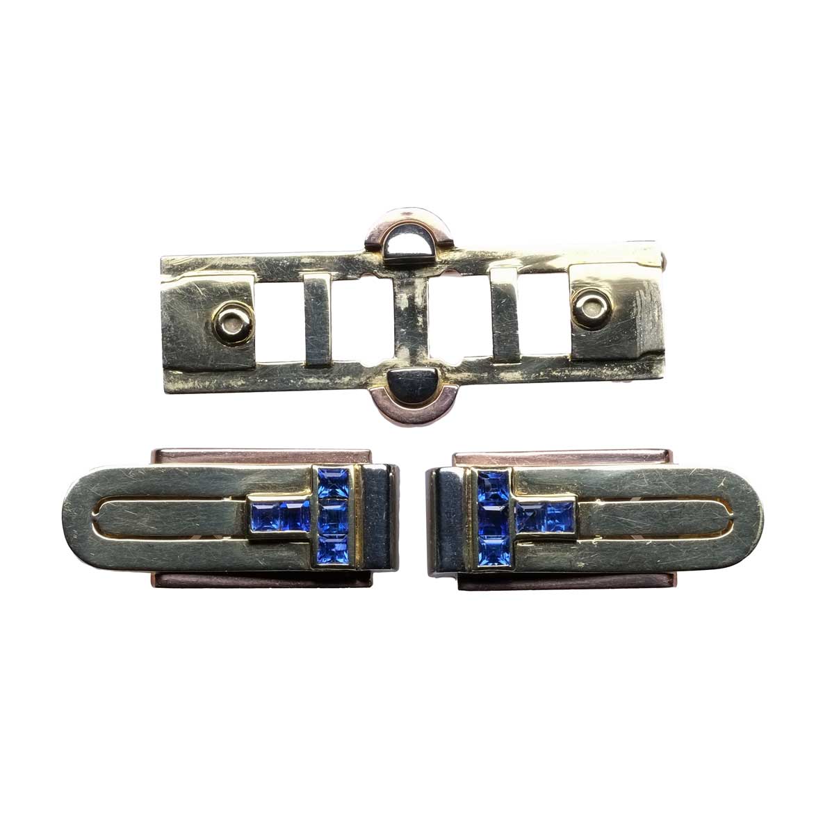 1940's Double Clip Brooch Three tone gold & Sapphires