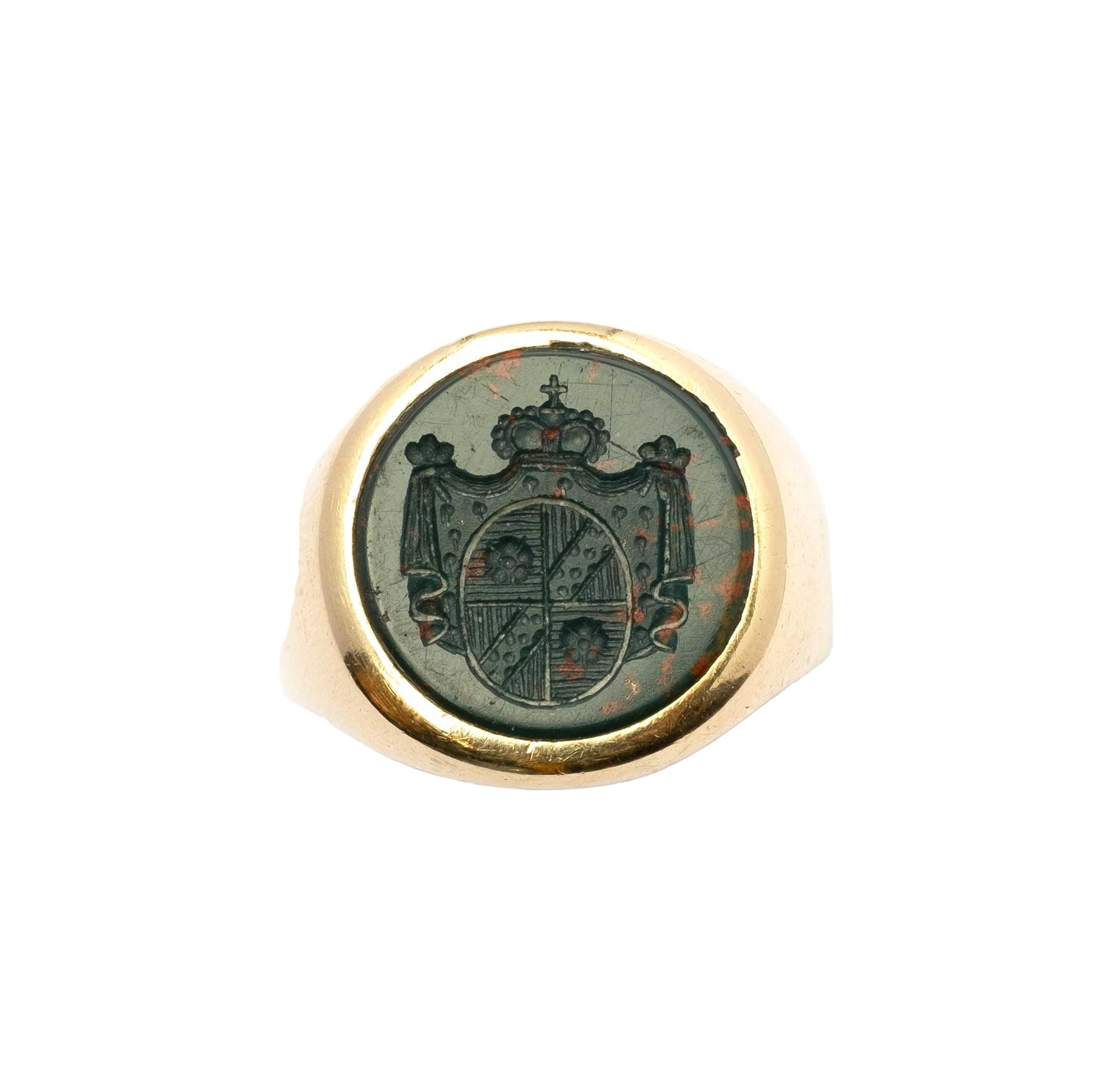 Anello Sigillo Antico in Oro 9ct con Diaspro Sanguigno Inciso a Mano