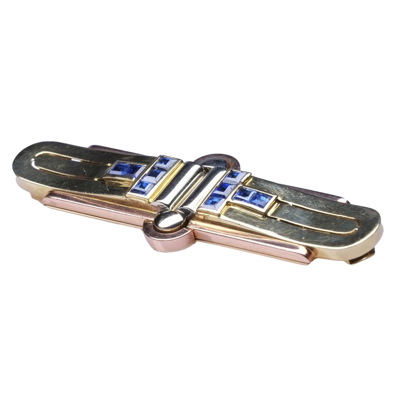 1940's Double Clip Brooch Three tone gold & Sapphires