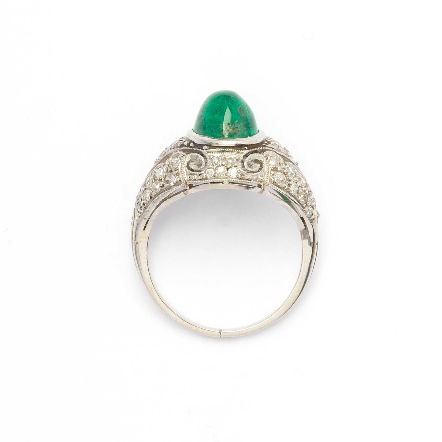 Antique Platinum Ring with Natural Cabochon Emerald and Diamonds – Liberty / Art Déco Style