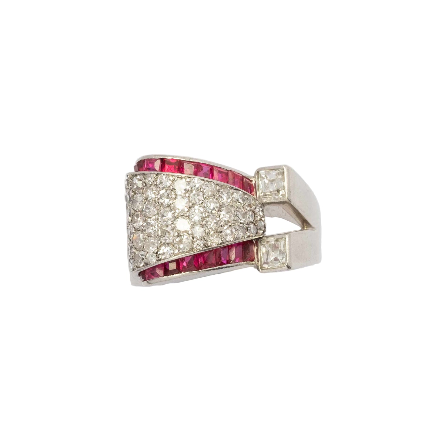 1940s Platinum Bridge Ring with Rubies and Diamonds