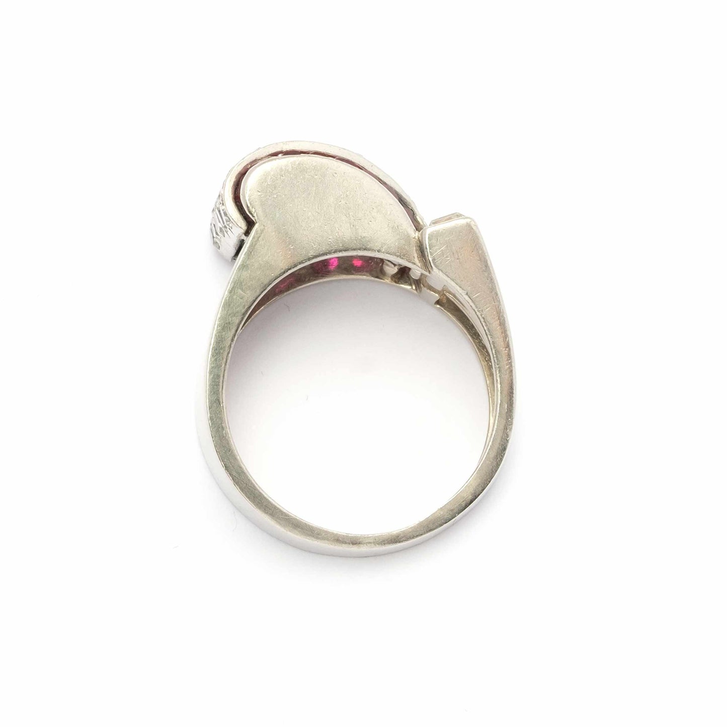 1940s Platinum Bridge Ring with Rubies and Diamonds