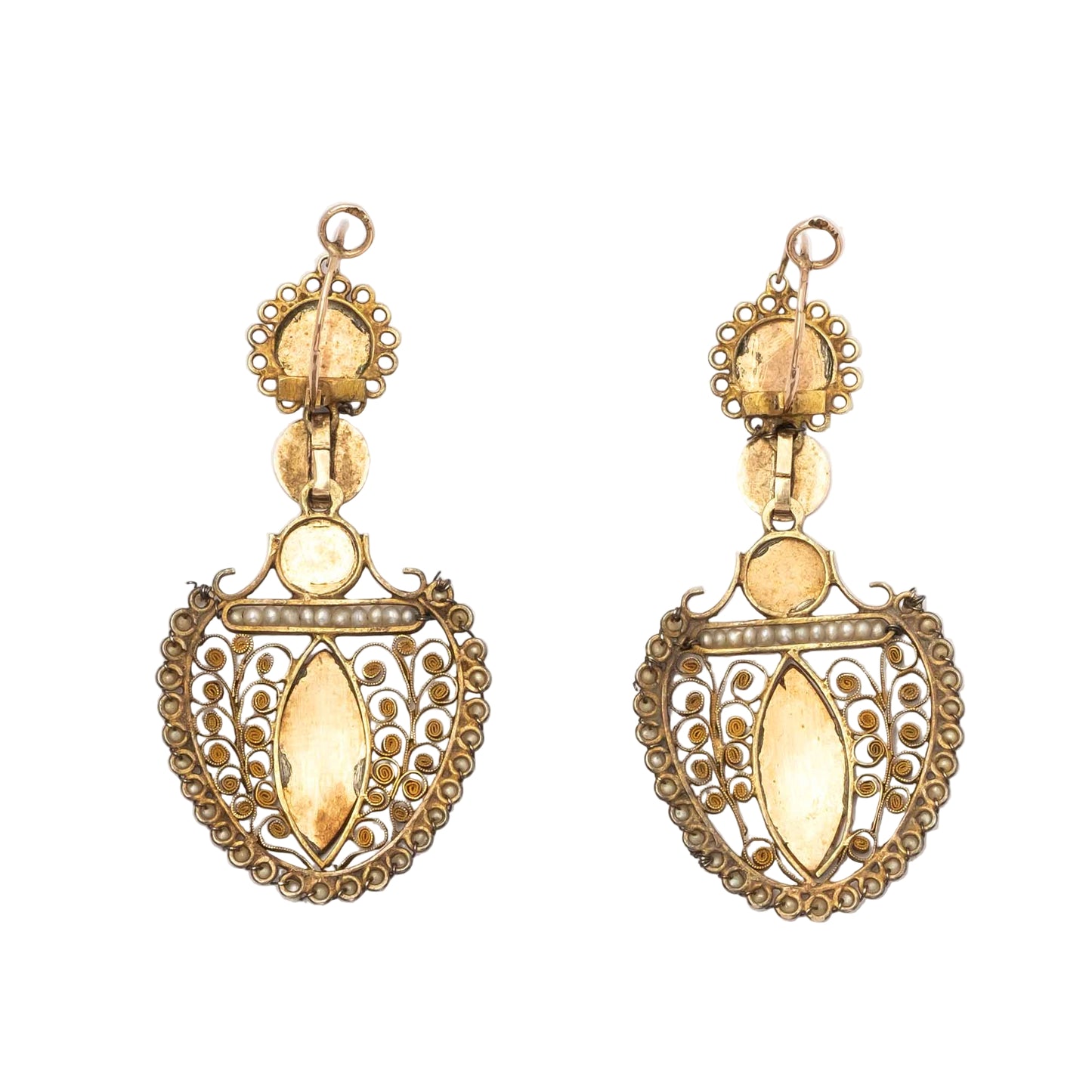 19th Century Antique Earrings in Gold, Filigree, Natural Pearls and Enamel – Abruzzo, Italy