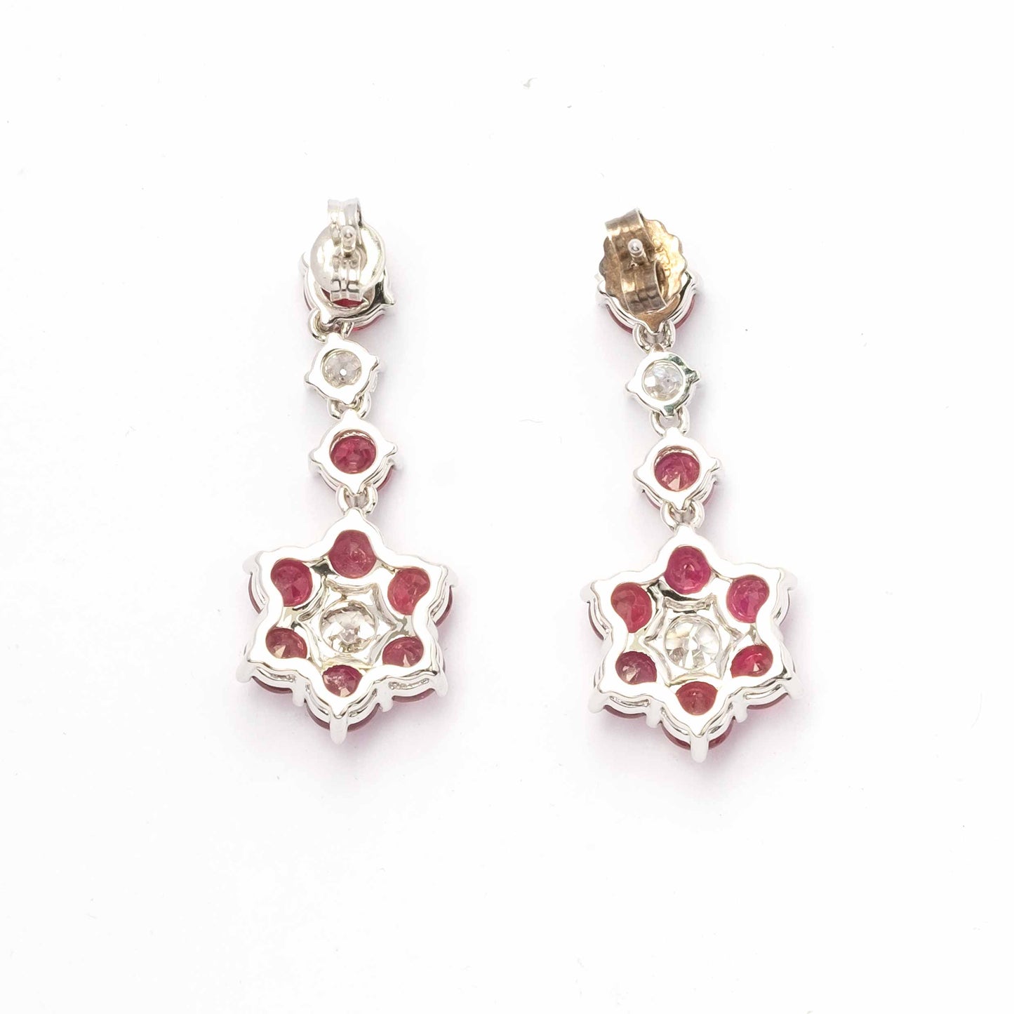 Vintage Drop Earrings in 18ct White Gold with Natural Rubies and Diamonds