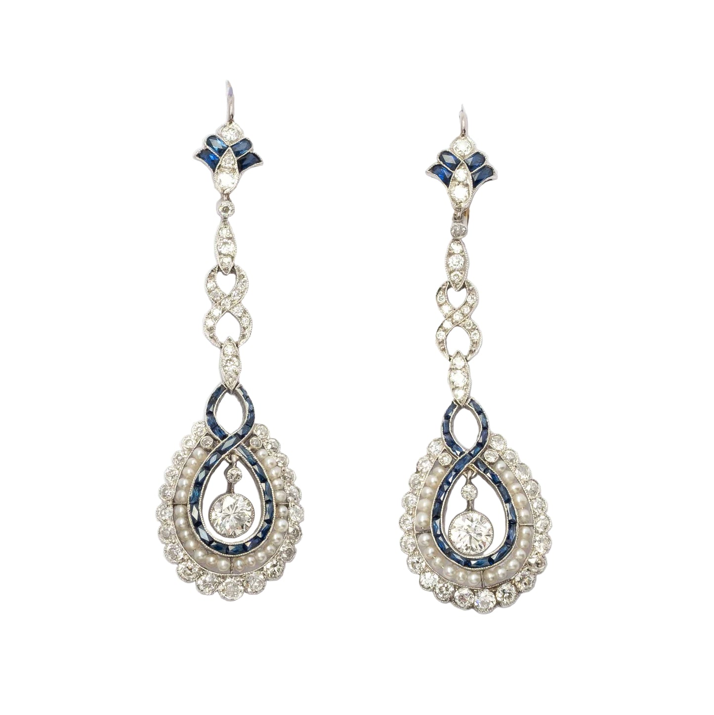 Platinum Drop Earrings with Diamonds, Sapphires and Pearls – Art Déco Period