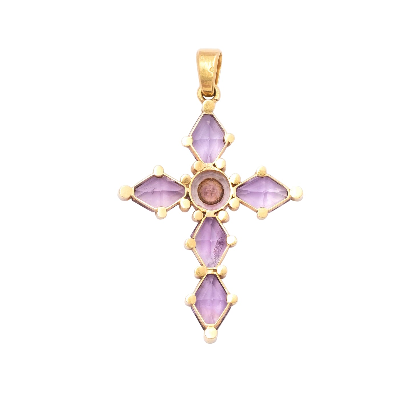 Antique 19th Century Cross Pendant in 18ct Gold with Amethysts and Natural Pearls, France