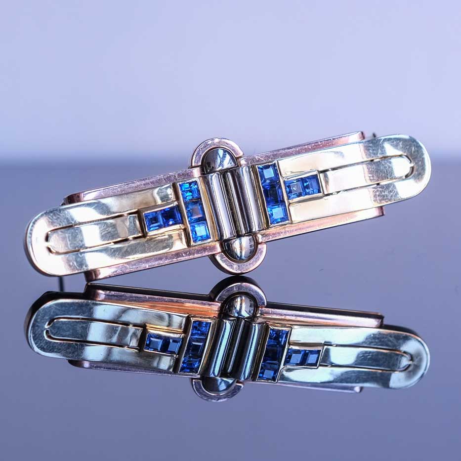 1940's Double Clip Brooch Three tone gold & Sapphires