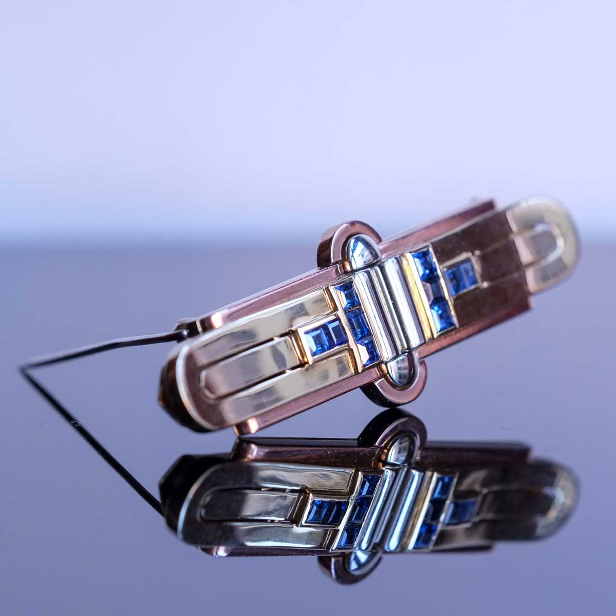 1940's Double Clip Brooch Three tone gold & Sapphires