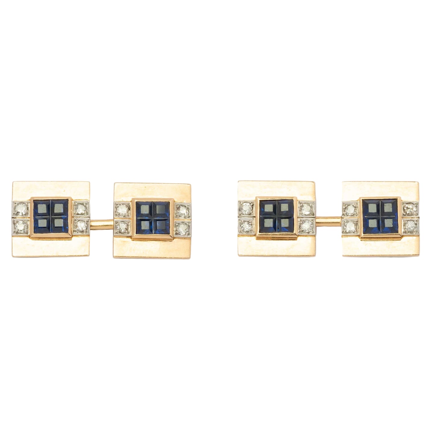 Art Déco 1930s 18ct Gold Double Cufflinks with Diamonds and Blue Stones