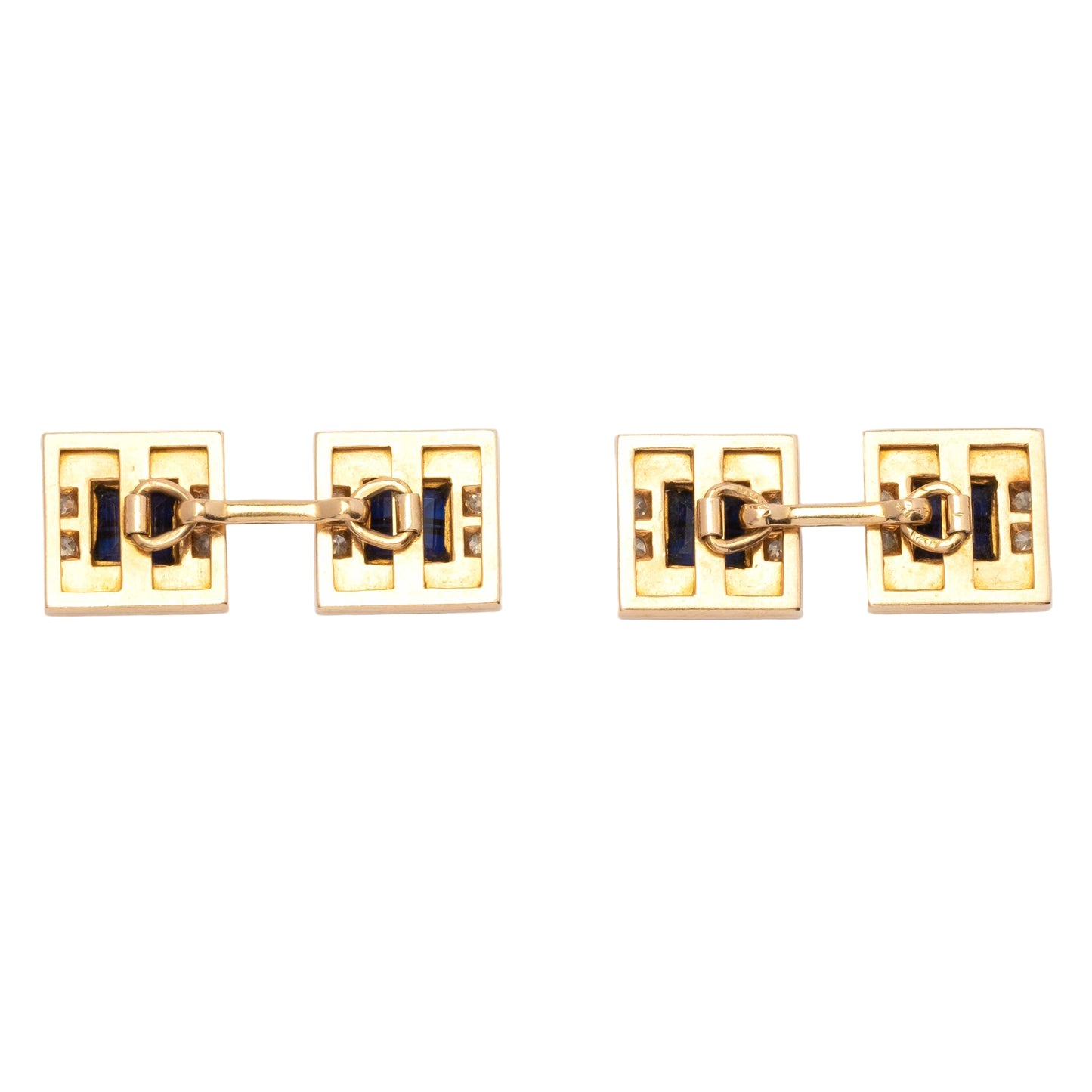 Art Déco 1930s 18ct Gold Double Cufflinks with Diamonds and Blue Stones