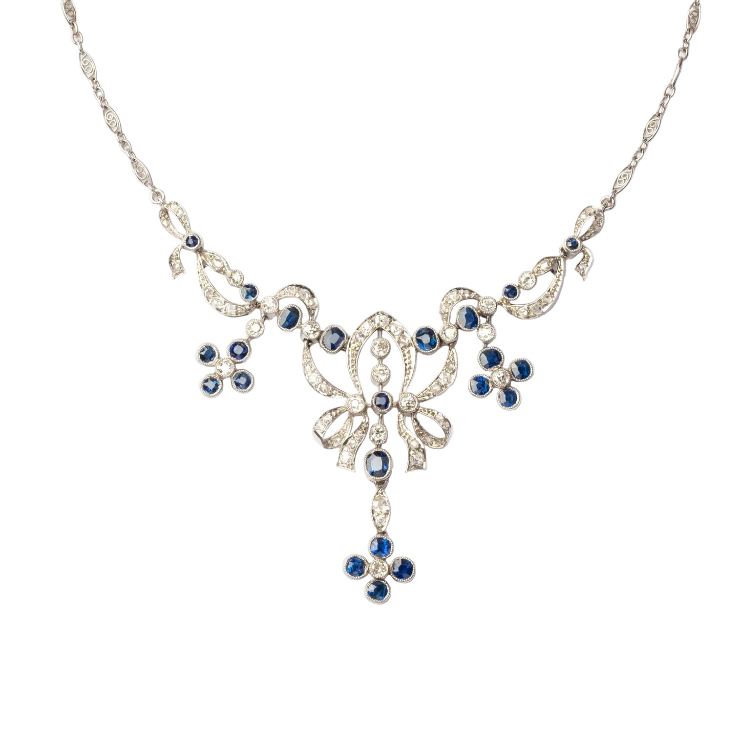 1950s Platinum Necklace with Old-Cut Diamonds and Natural Sapphires