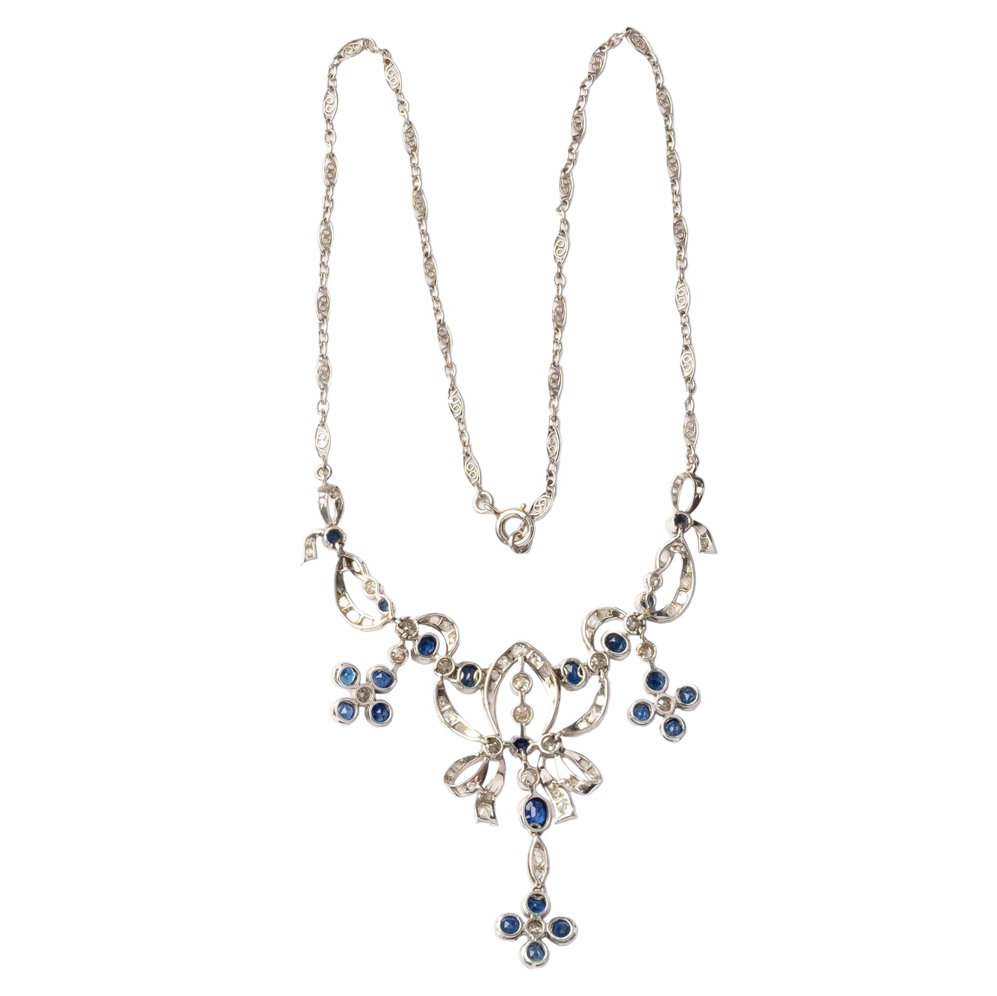 1950s Platinum Necklace with Old-Cut Diamonds and Natural Sapphires