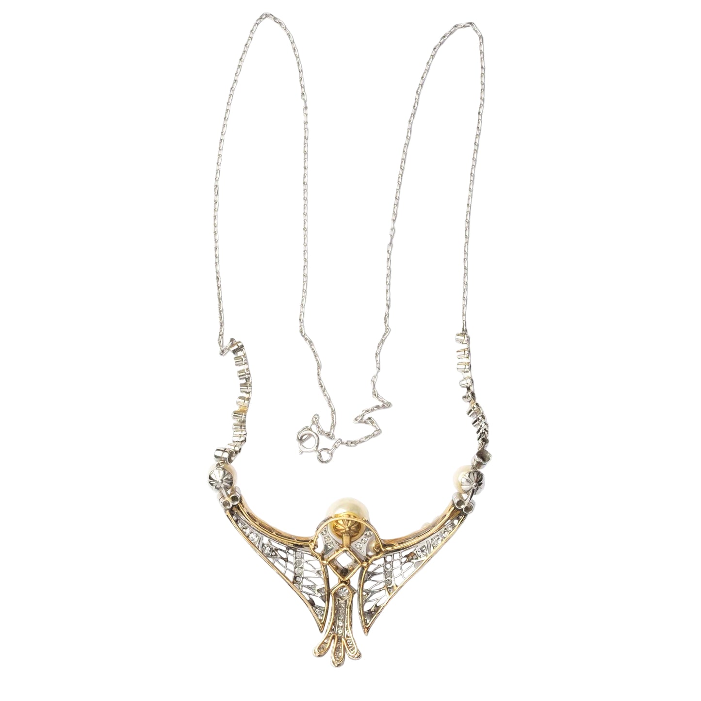 1930s Art Deco Gold and Platinum Necklace with Diamonds and Cultured Pearls