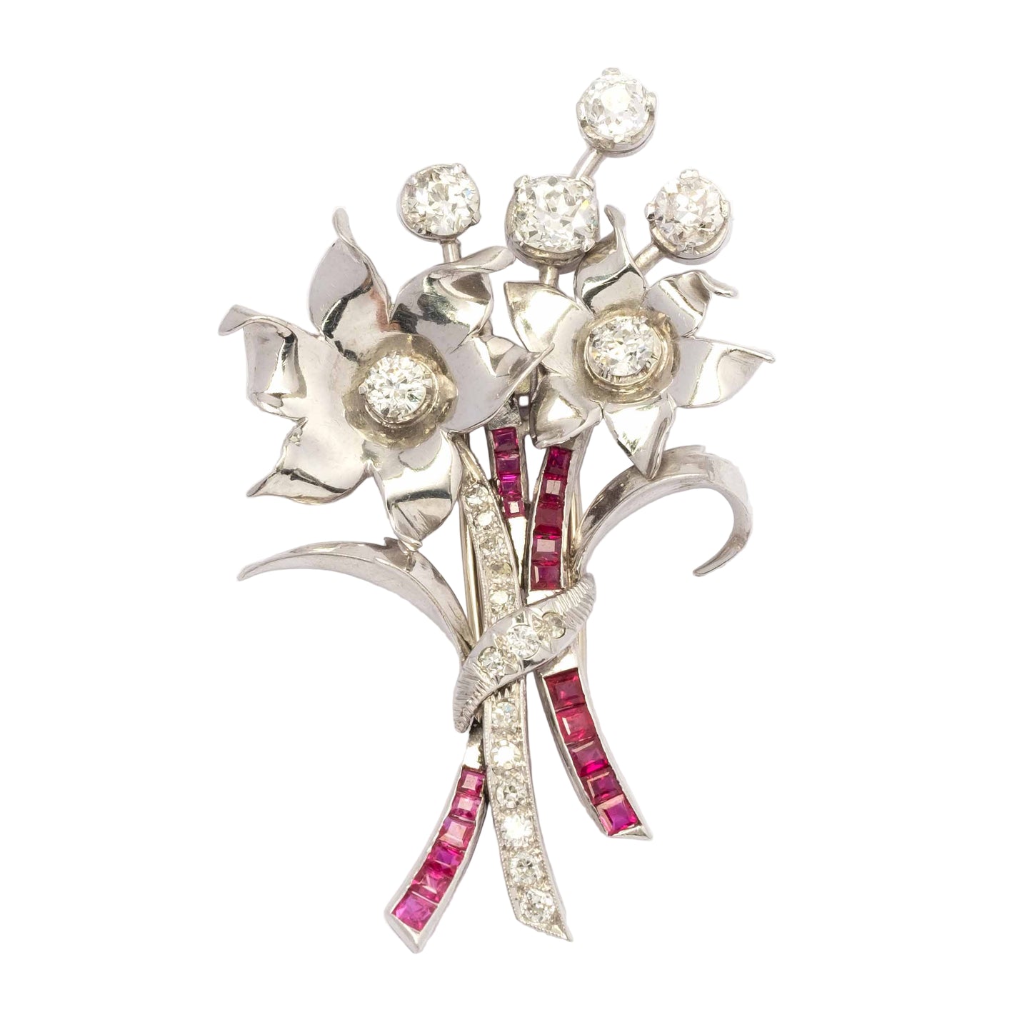 Impressive 1940s Platinum Brooch with Old-Cut Diamonds & Rubies