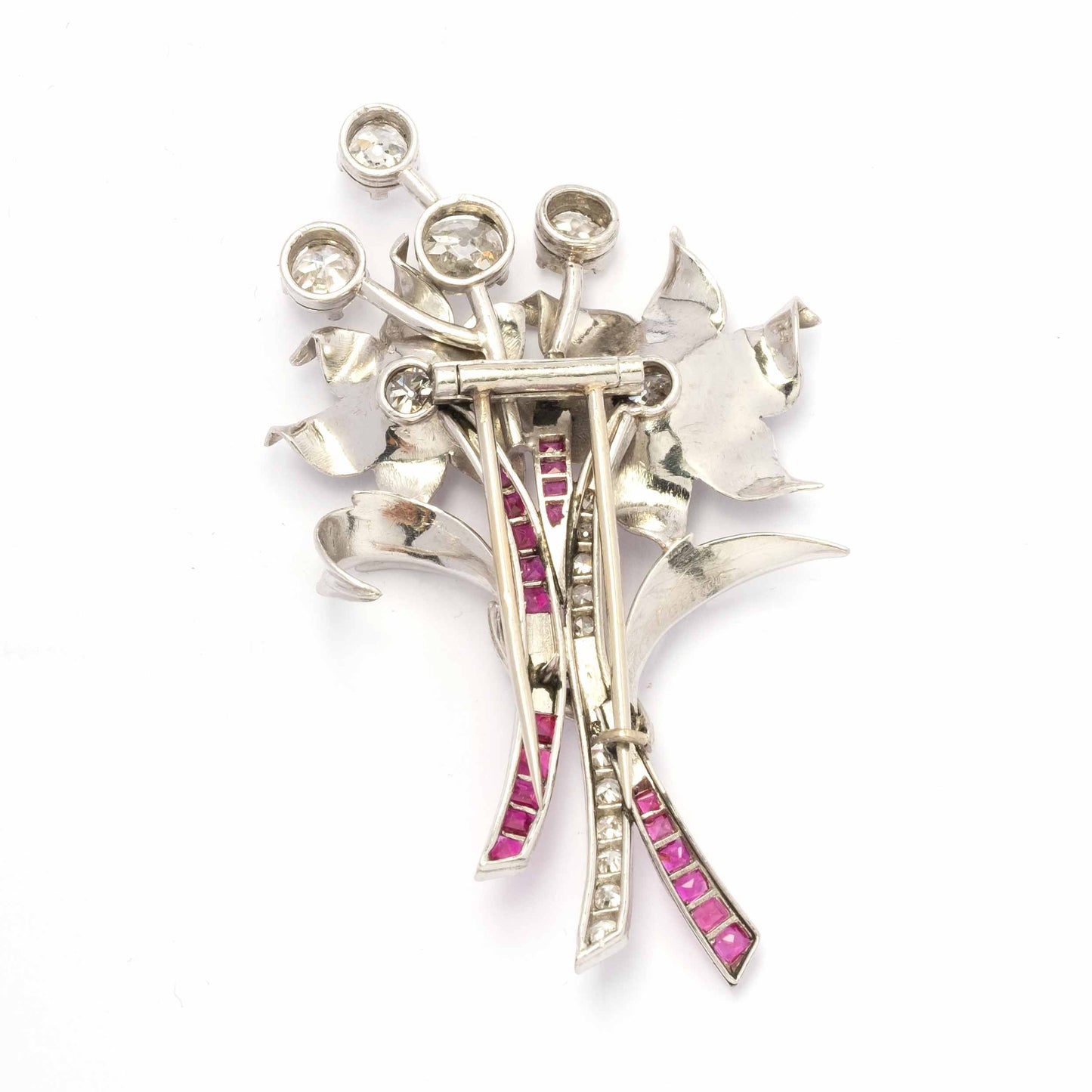 Impressive 1940s Platinum Brooch with Old-Cut Diamonds & Rubies