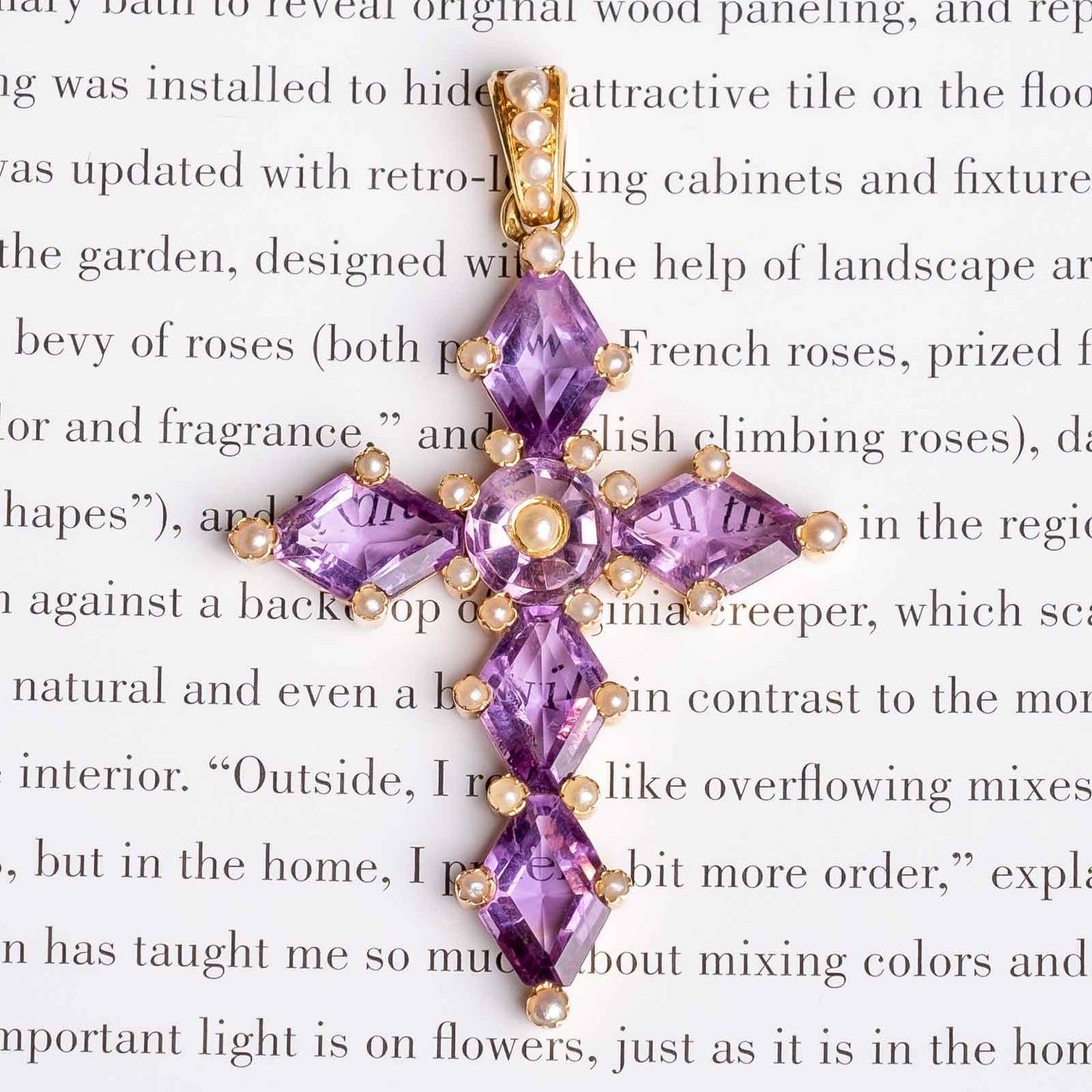 Antique 19th Century Cross Pendant in 18ct Gold with Amethysts and Natural Pearls, France