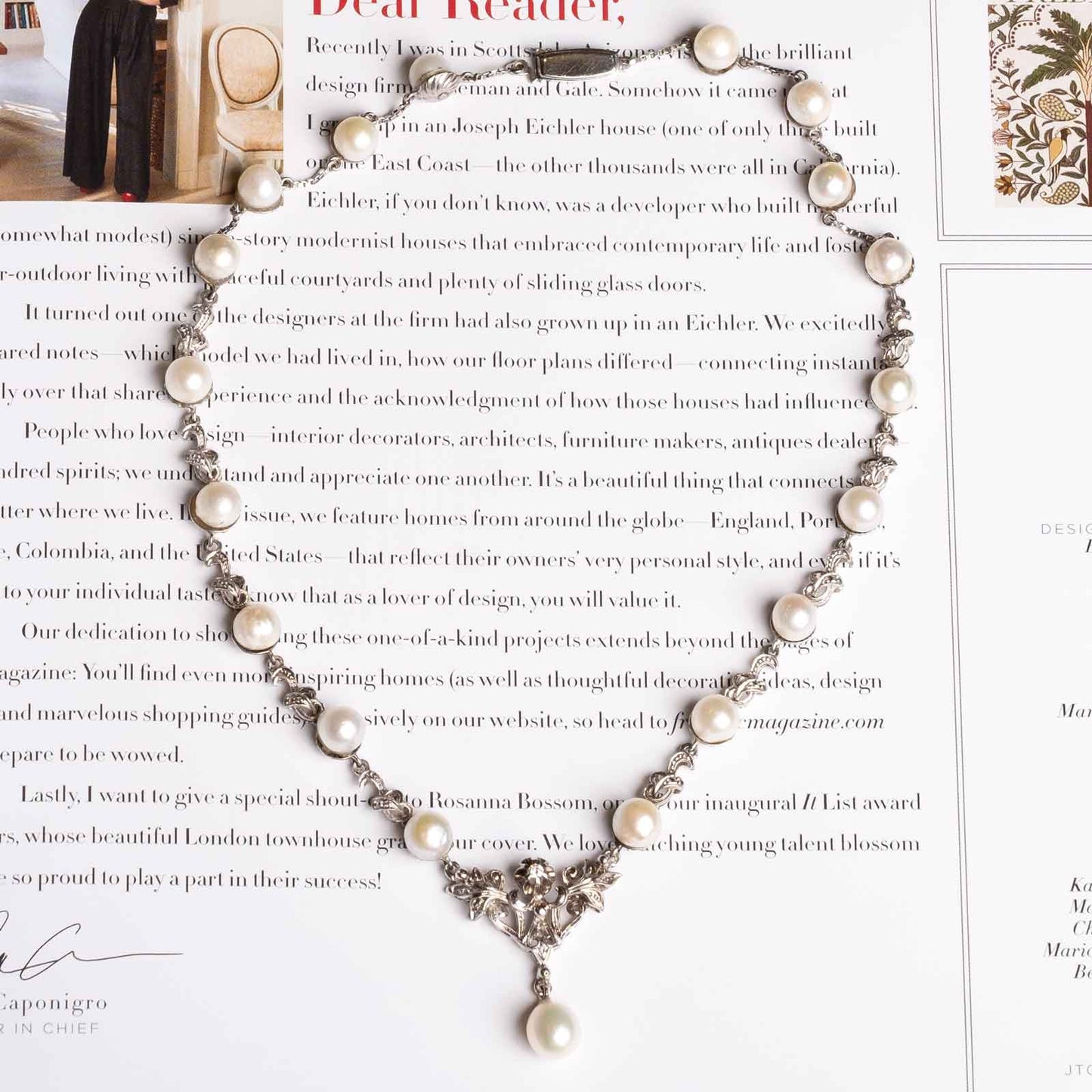 1940s Vintage 18ct White Gold Necklace with Japanese Cultured Pearls and Diamond